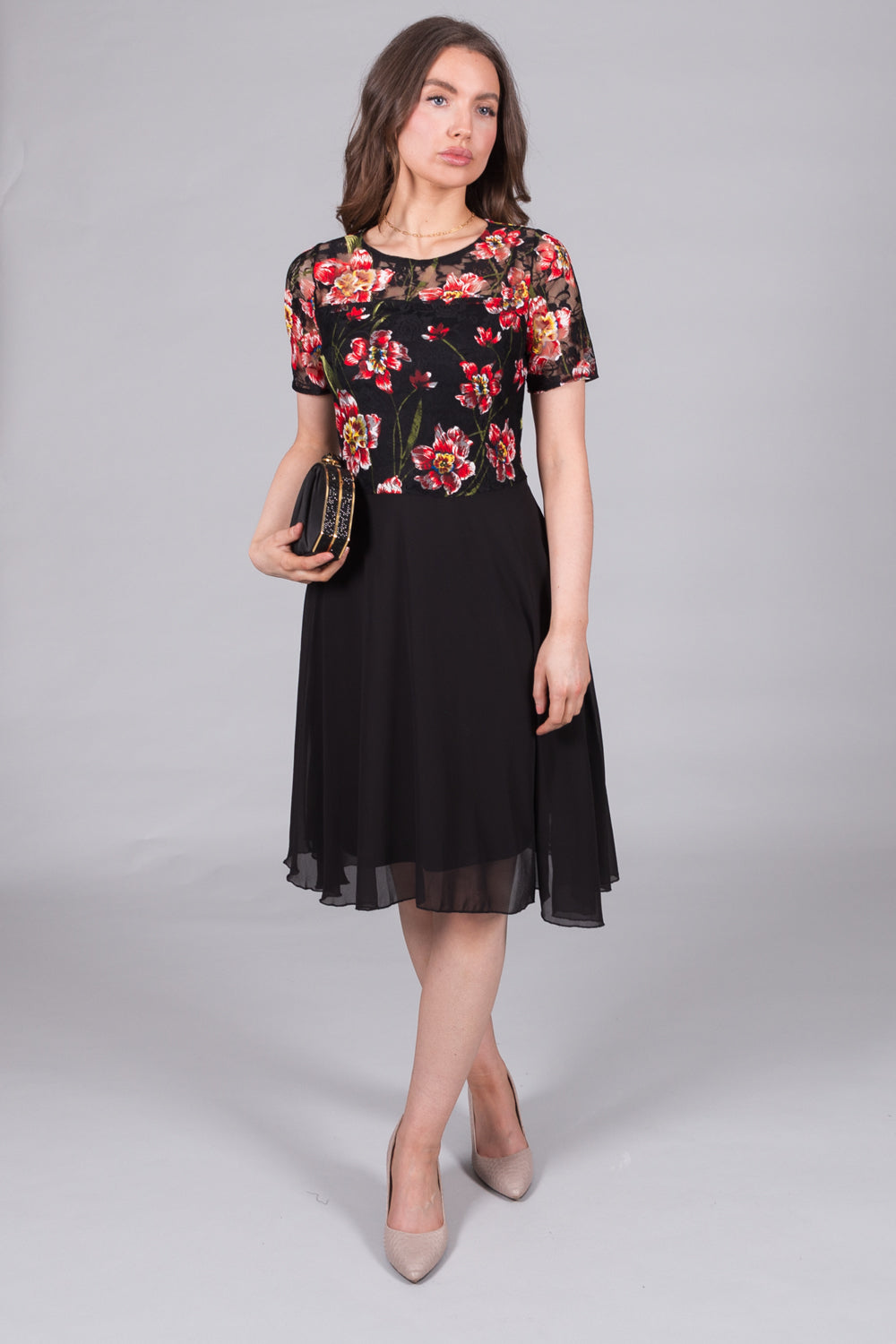 Floral Lace Bodice A-Line Dress - Red