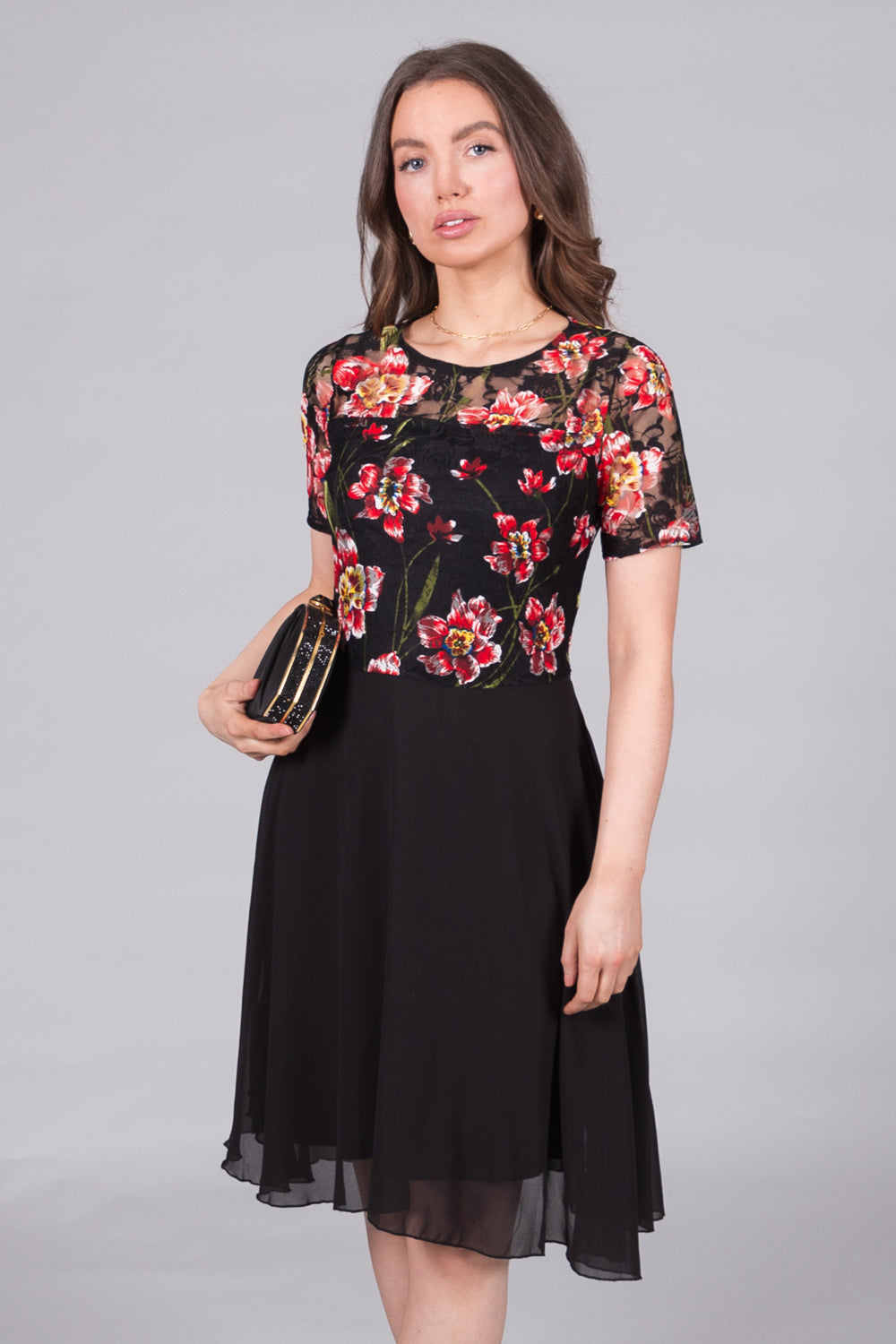 Floral Lace Bodice A-Line Dress - Red