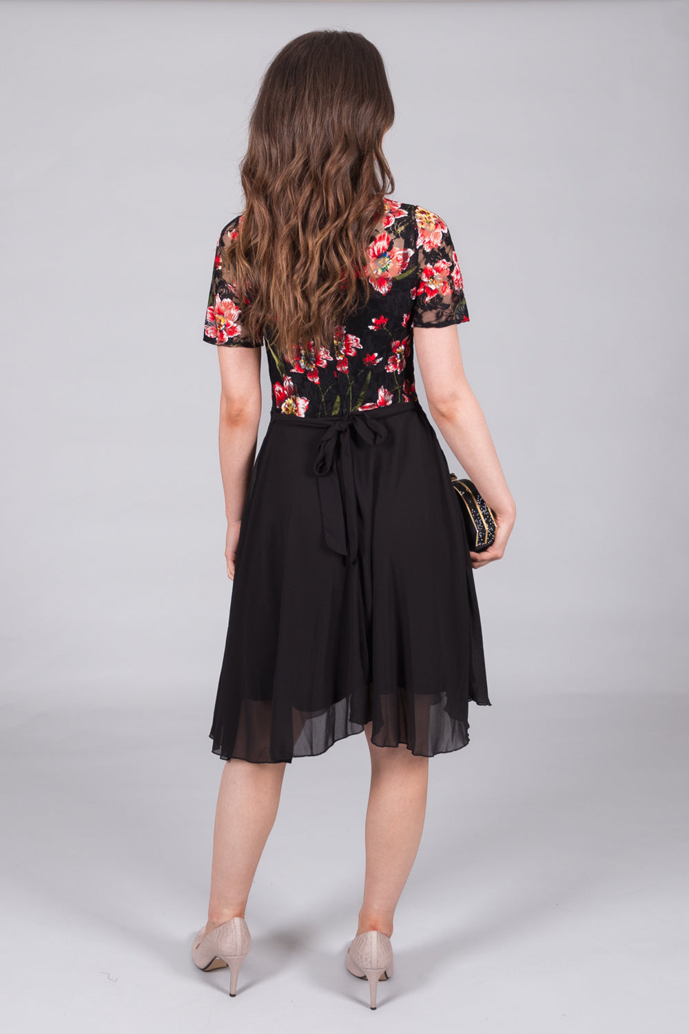 Floral Lace Bodice A-Line Dress - Red