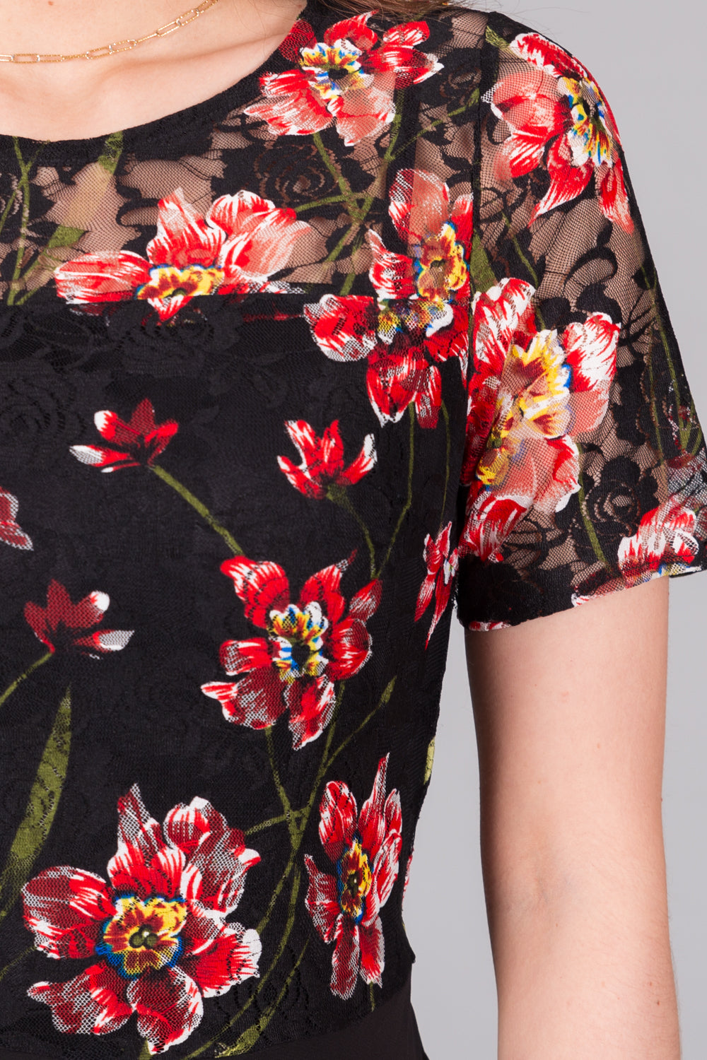 Floral Lace Bodice A-Line Dress - Red