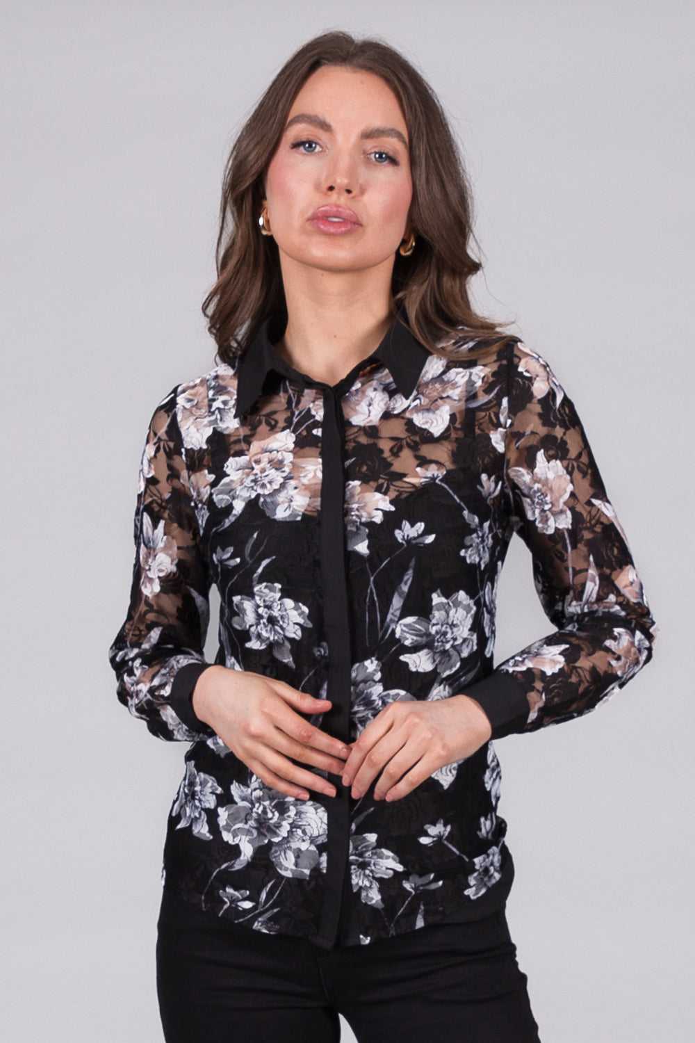 Floral Lace Blouse with Contrast Trim