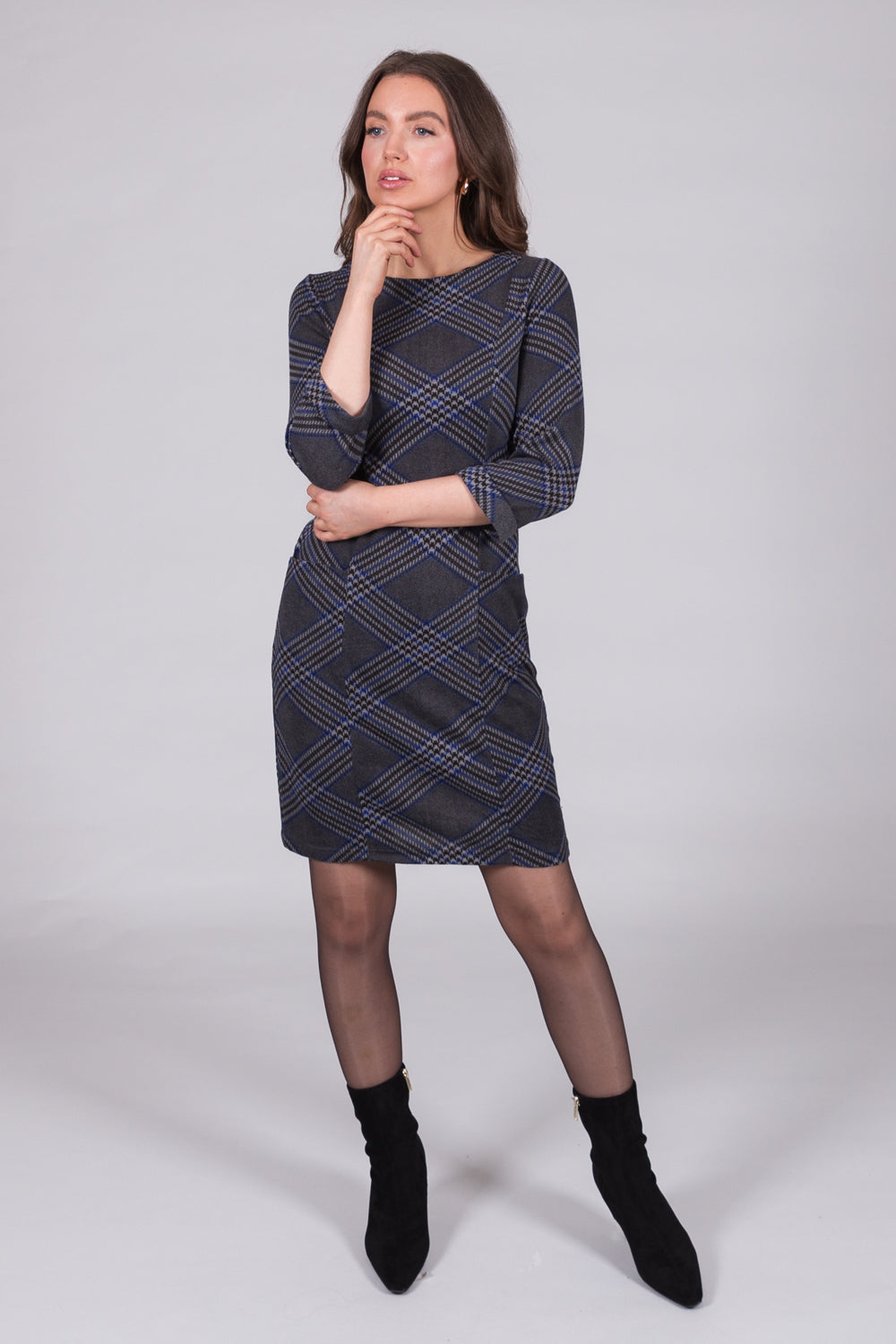 Geometric Knit Dress with Pockets - Blue