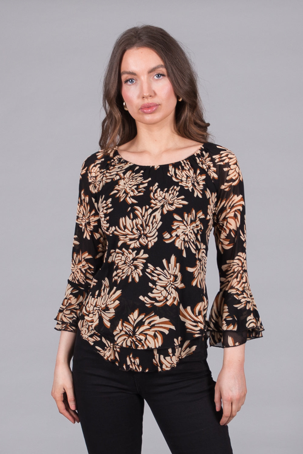 Floral Print Sheer Top with Ruffle Cuffs