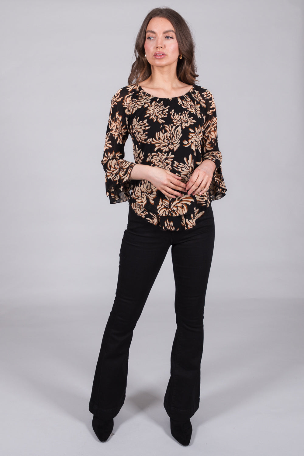 Floral Print Sheer Top with Ruffle Cuffs