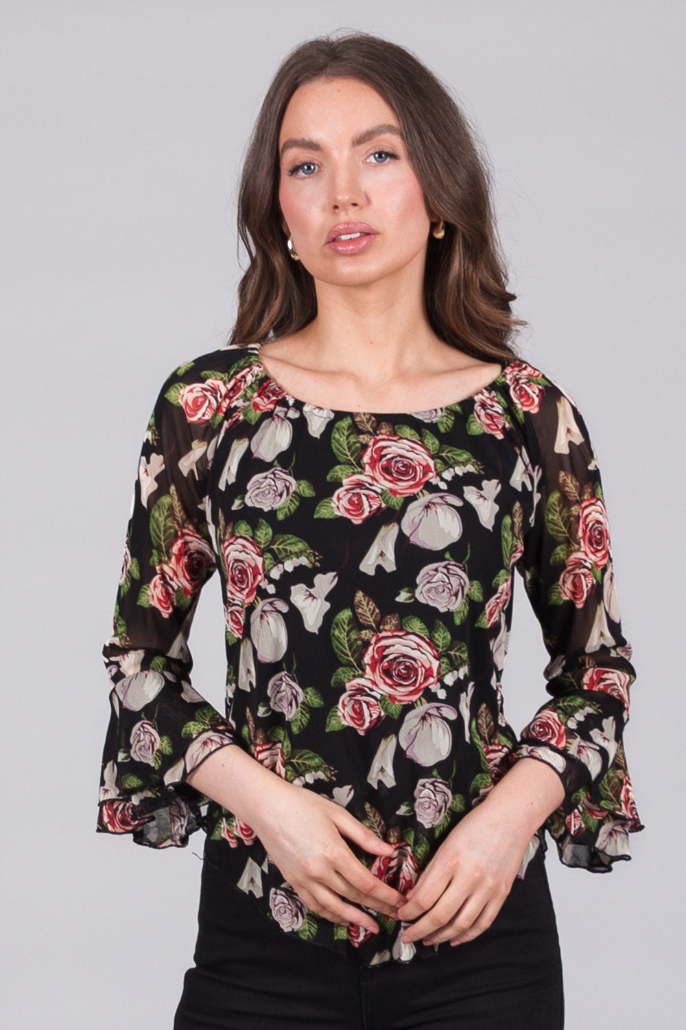 Floral Top with Ruffle Sleeves