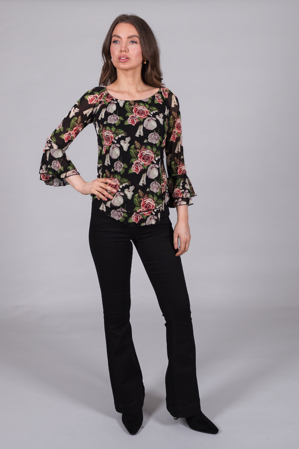 Floral Top with Ruffle Sleeves