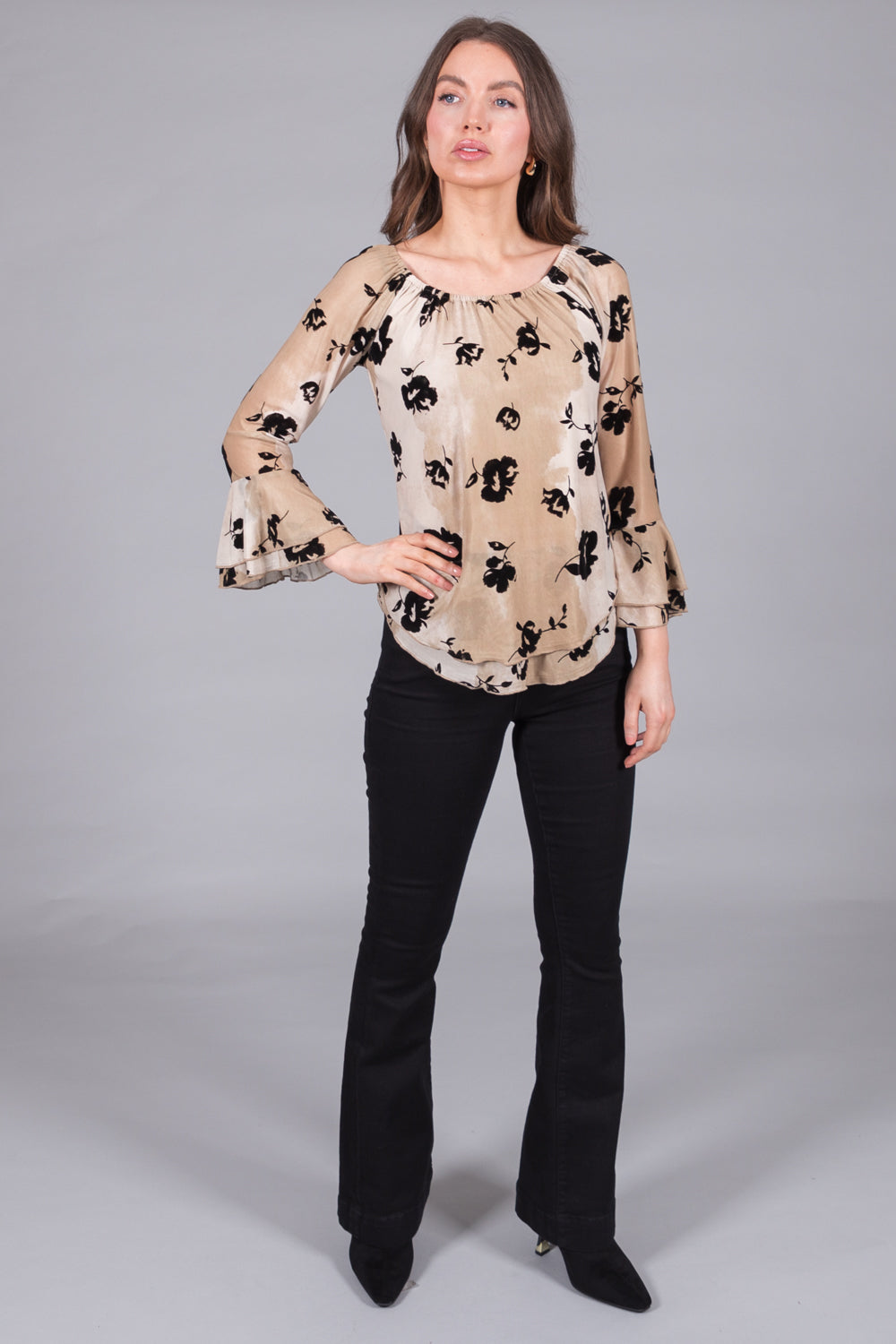 Floral Print Long Sleeve Top with Flared Cuffs - Caramel