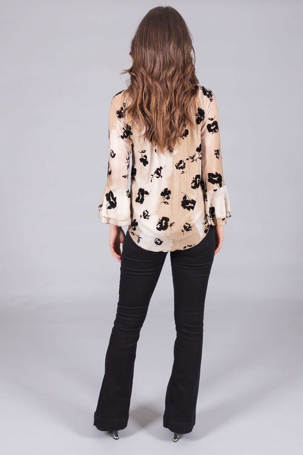 Floral Print Long Sleeve Top with Flared Cuffs - Caramel