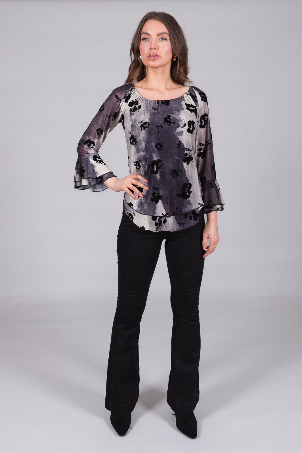 Floral Print Long Sleeve Top with Flared Cuffs - Grey