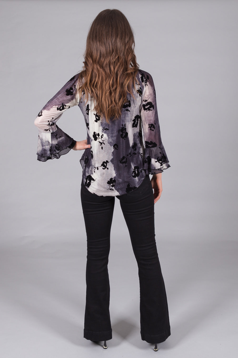 Floral Print Long Sleeve Top with Flared Cuffs - Grey