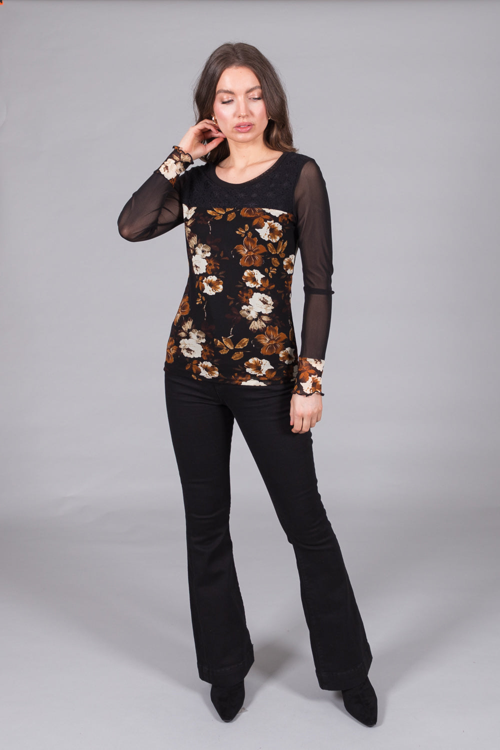 Floral Mesh Sleeve Top - Caramel