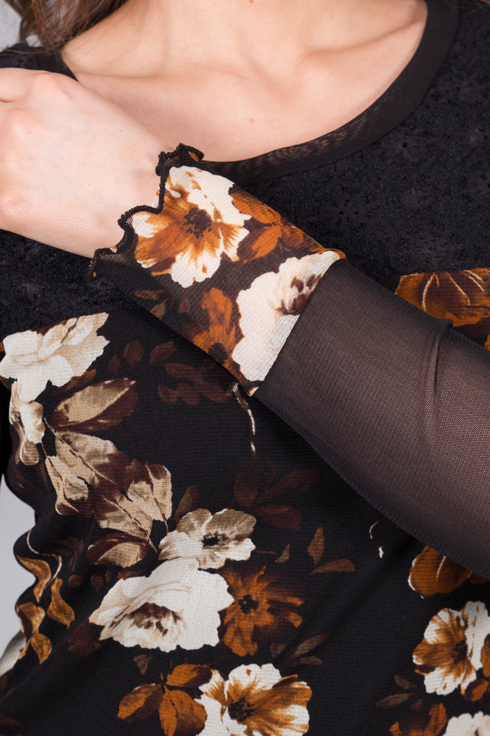 Floral Mesh Sleeve Top - Caramel