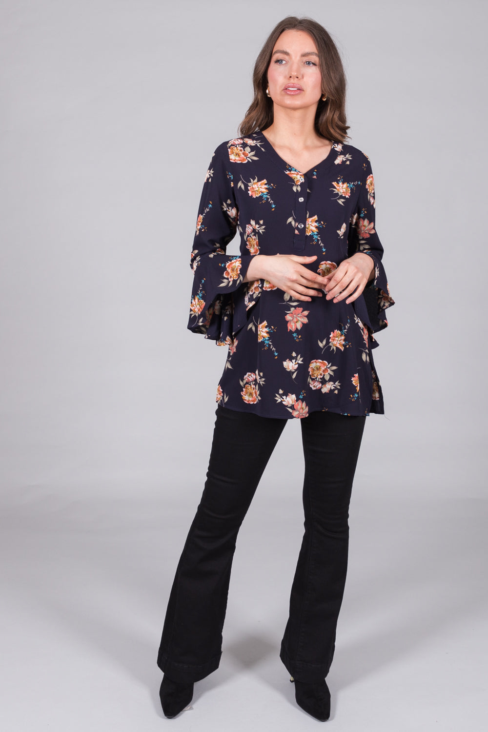 Floral Print Tunic with Flared Sleeves