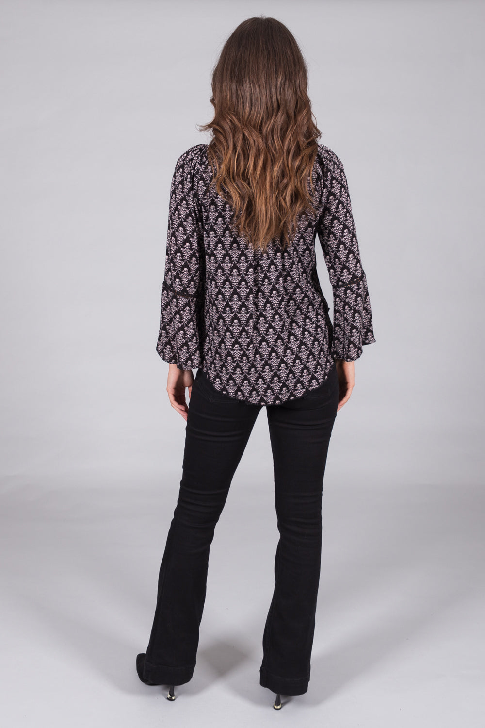 Damask-Print Top with Bell Sleeves