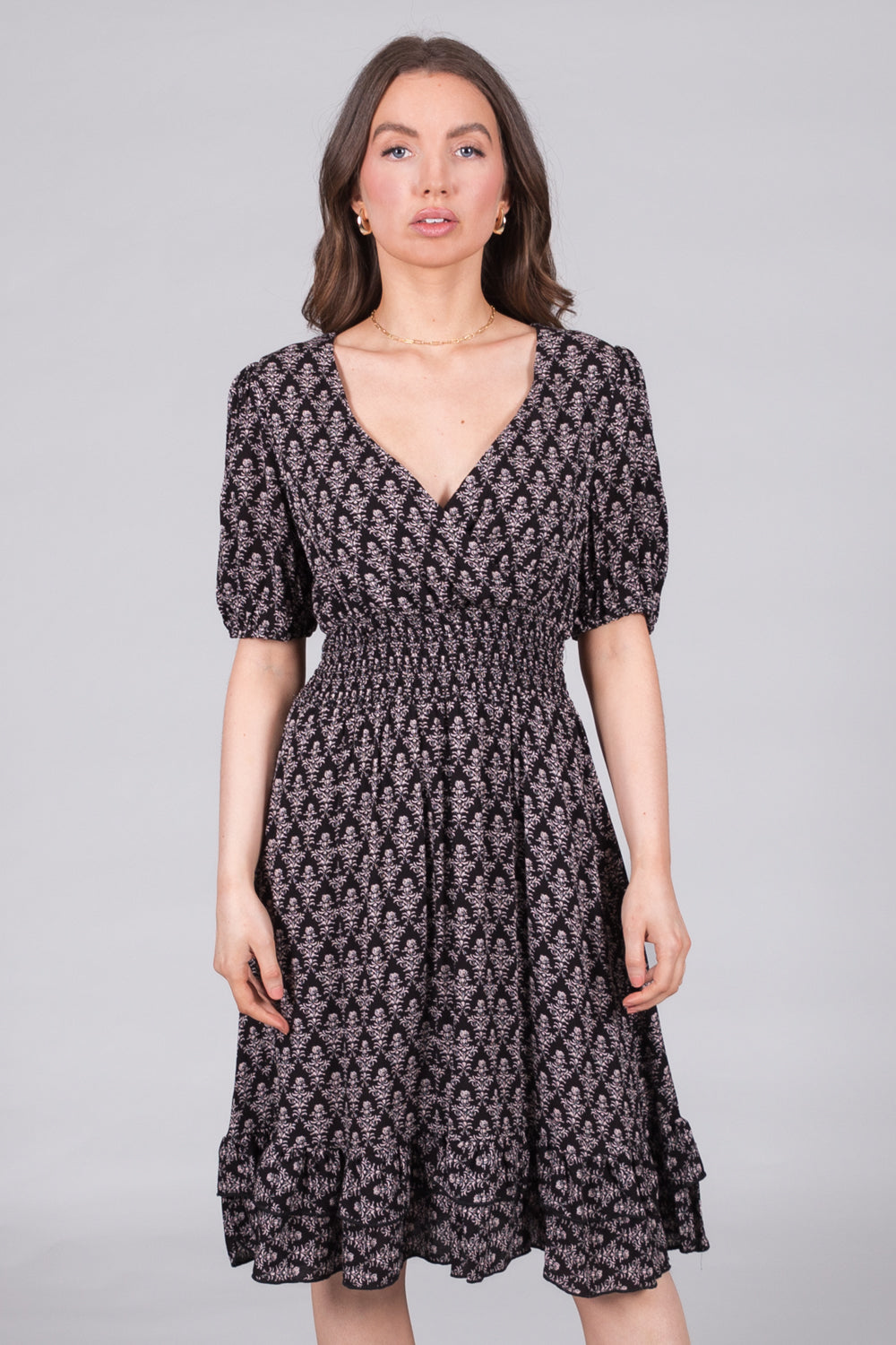 Smocked Damask-Print Dress
