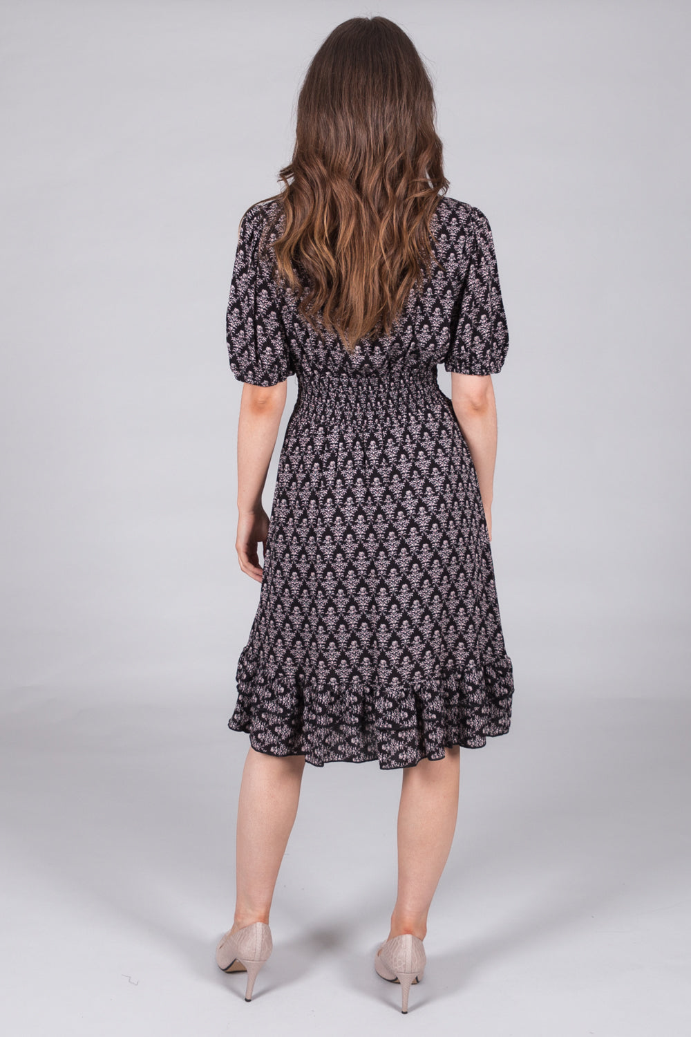 Smocked Damask-Print Dress