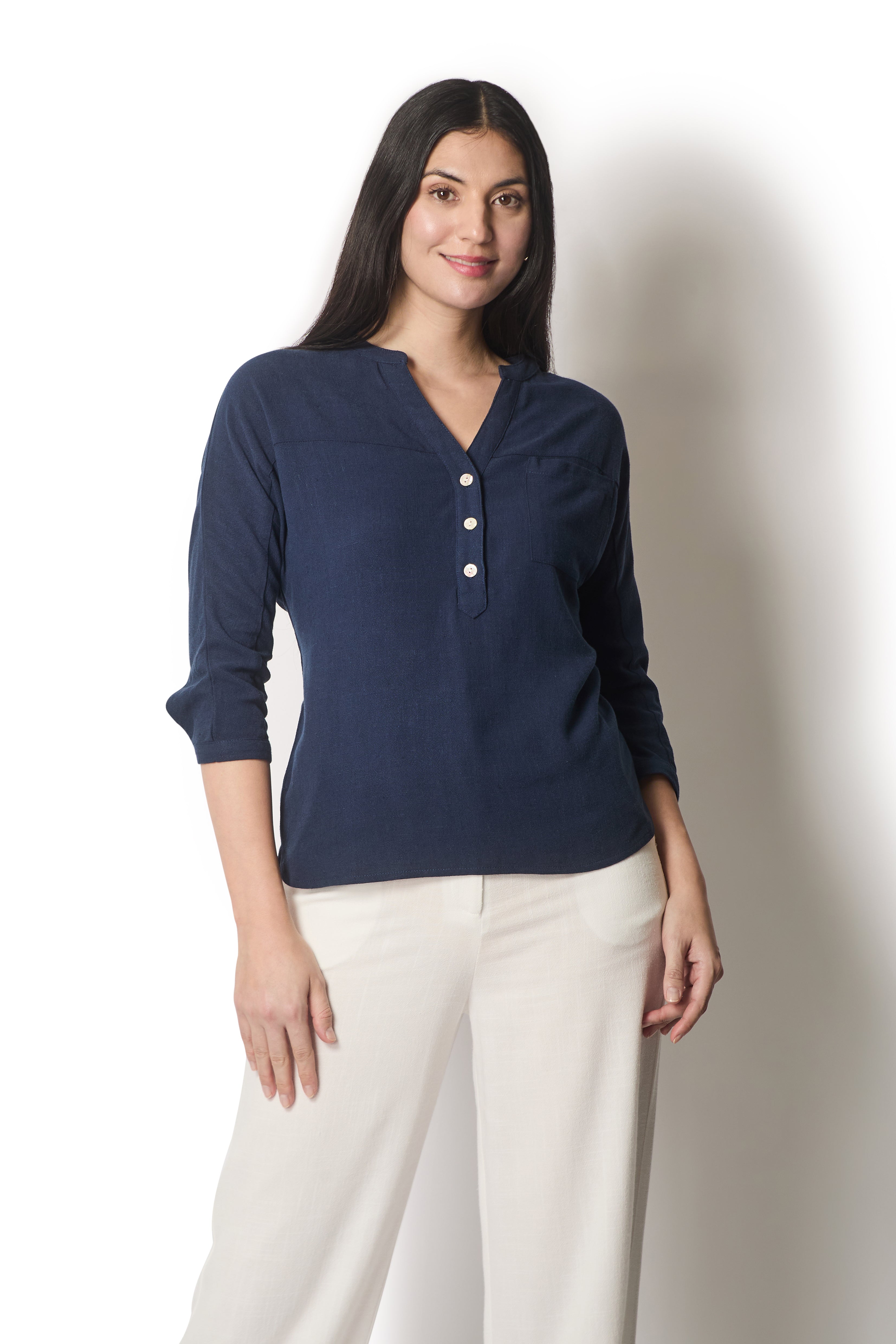 Linen Blend Buttoned Blouse - Navy