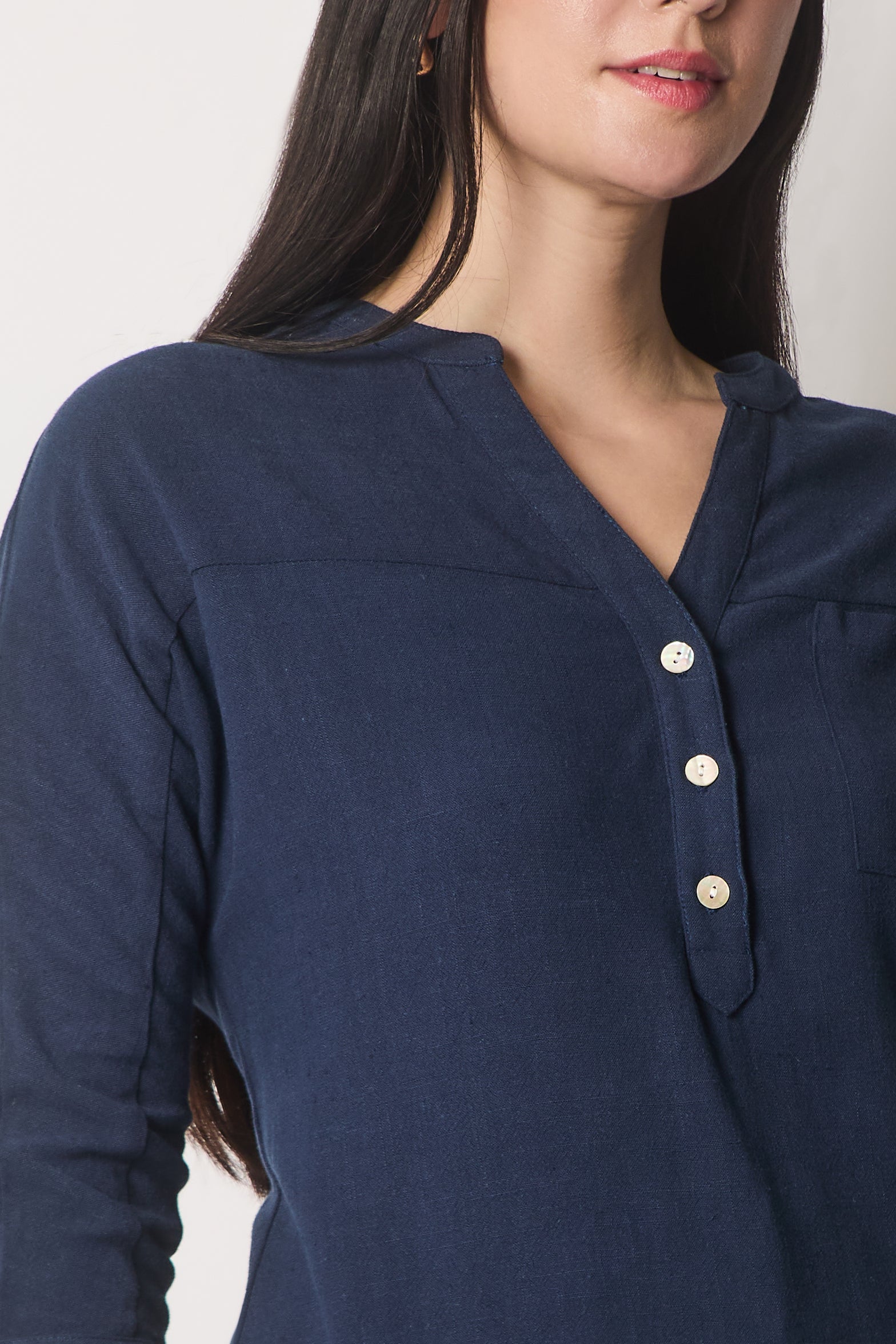 Linen Blend Buttoned Blouse - Navy