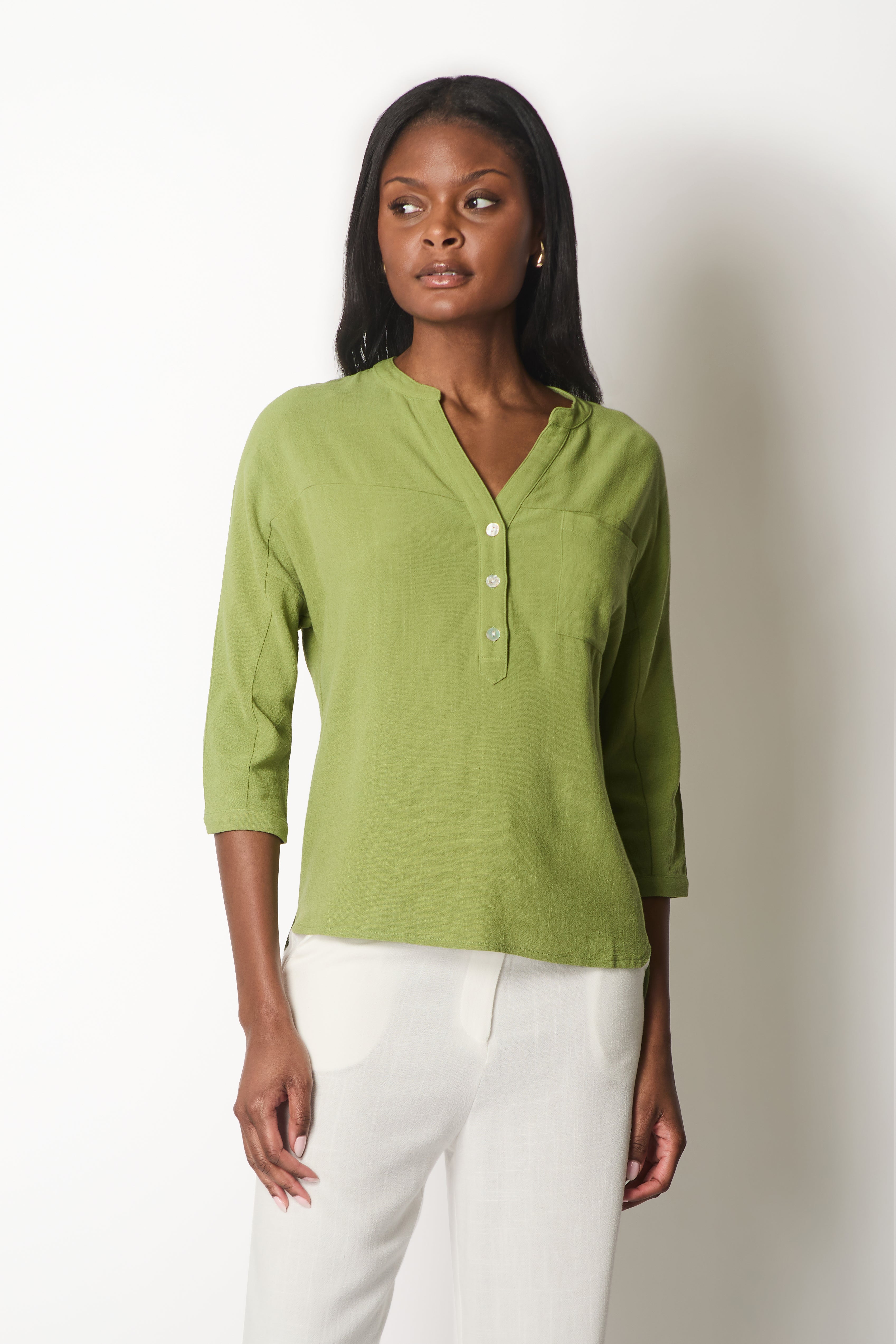 Linen Blend Buttoned Blouse - Green