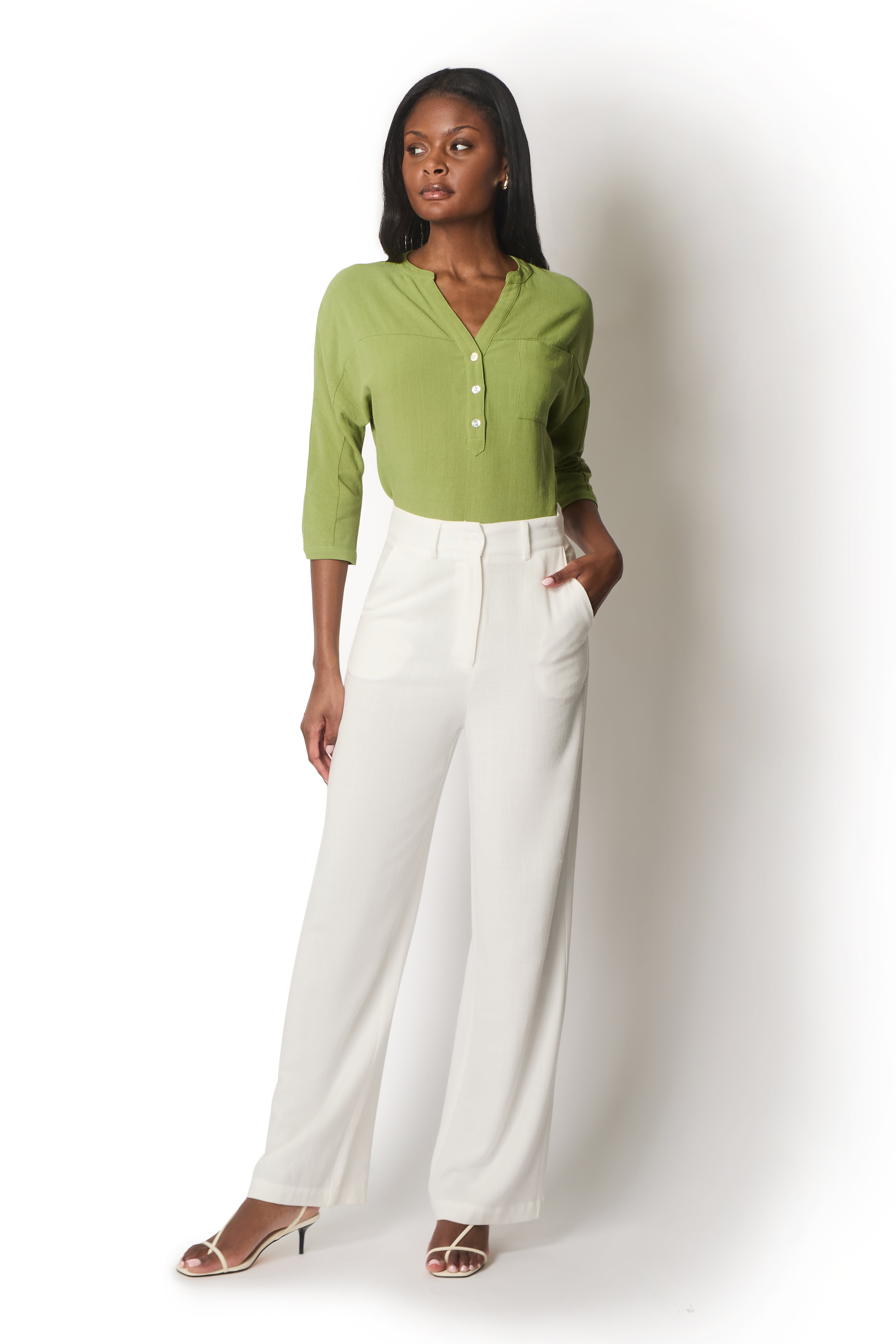 Linen Blend Buttoned Blouse - Green