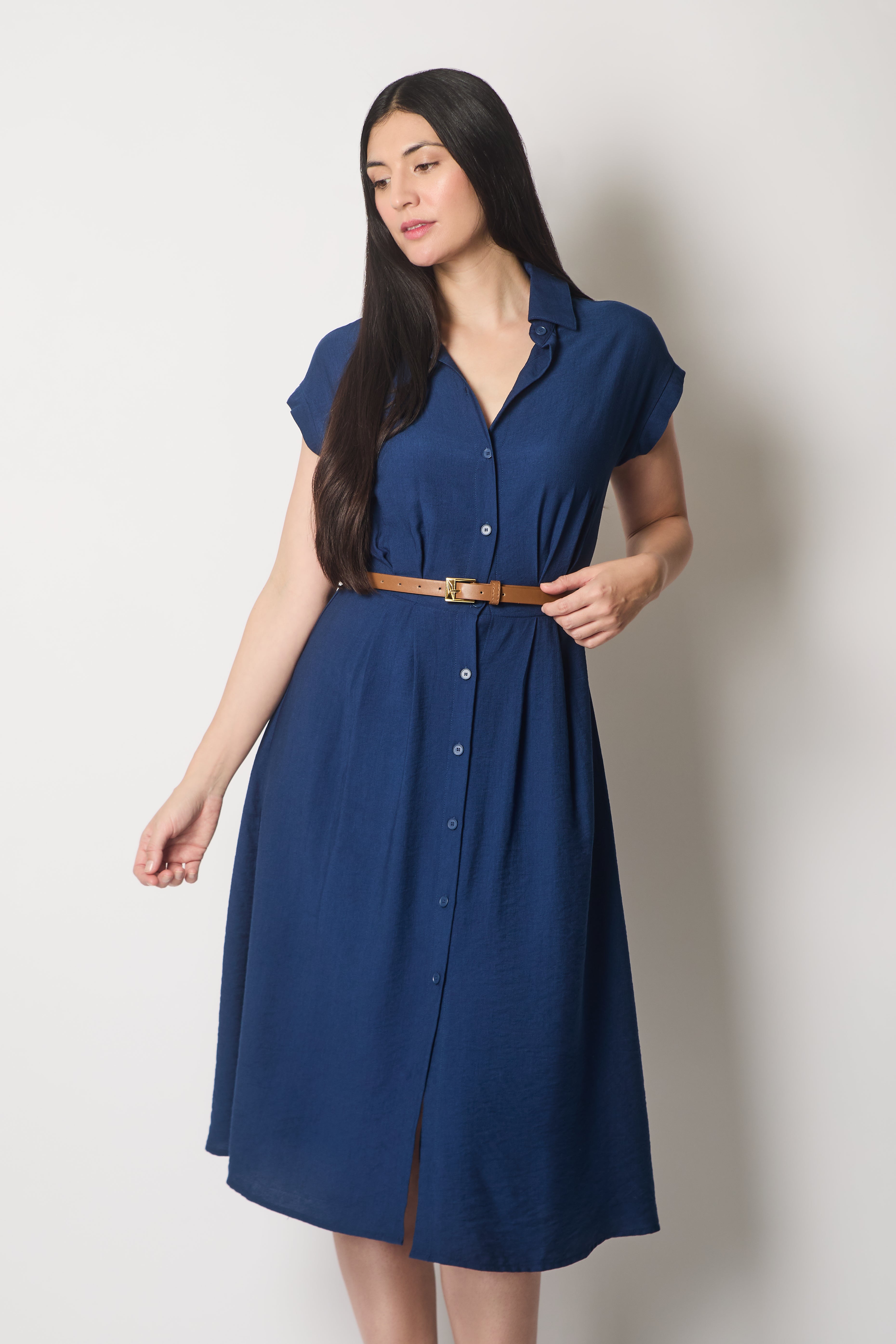 Button-Down Midi Shirt Dress - Navy