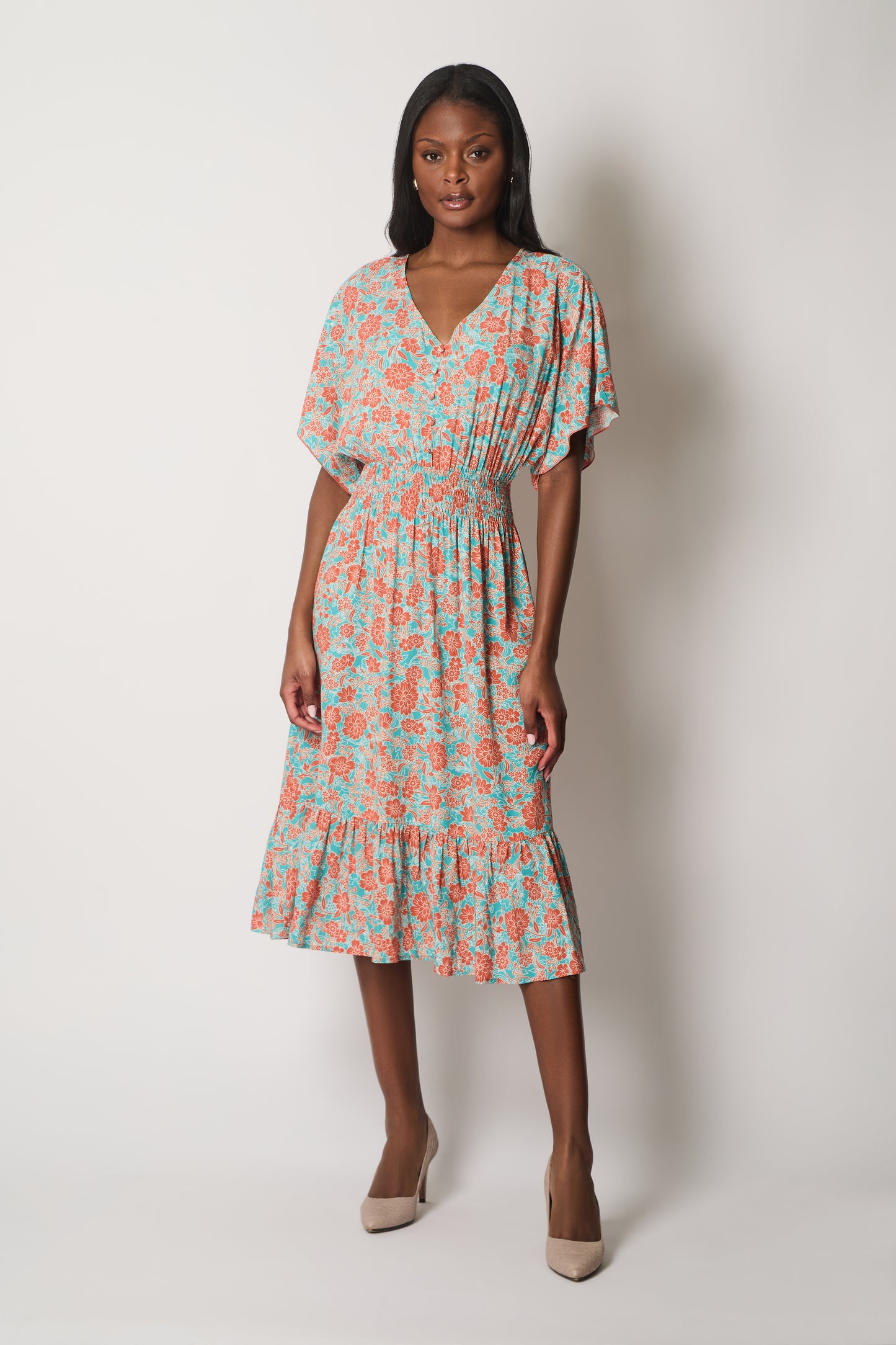 Floral Print Midi Dress with Flutter Sleeves - Orange