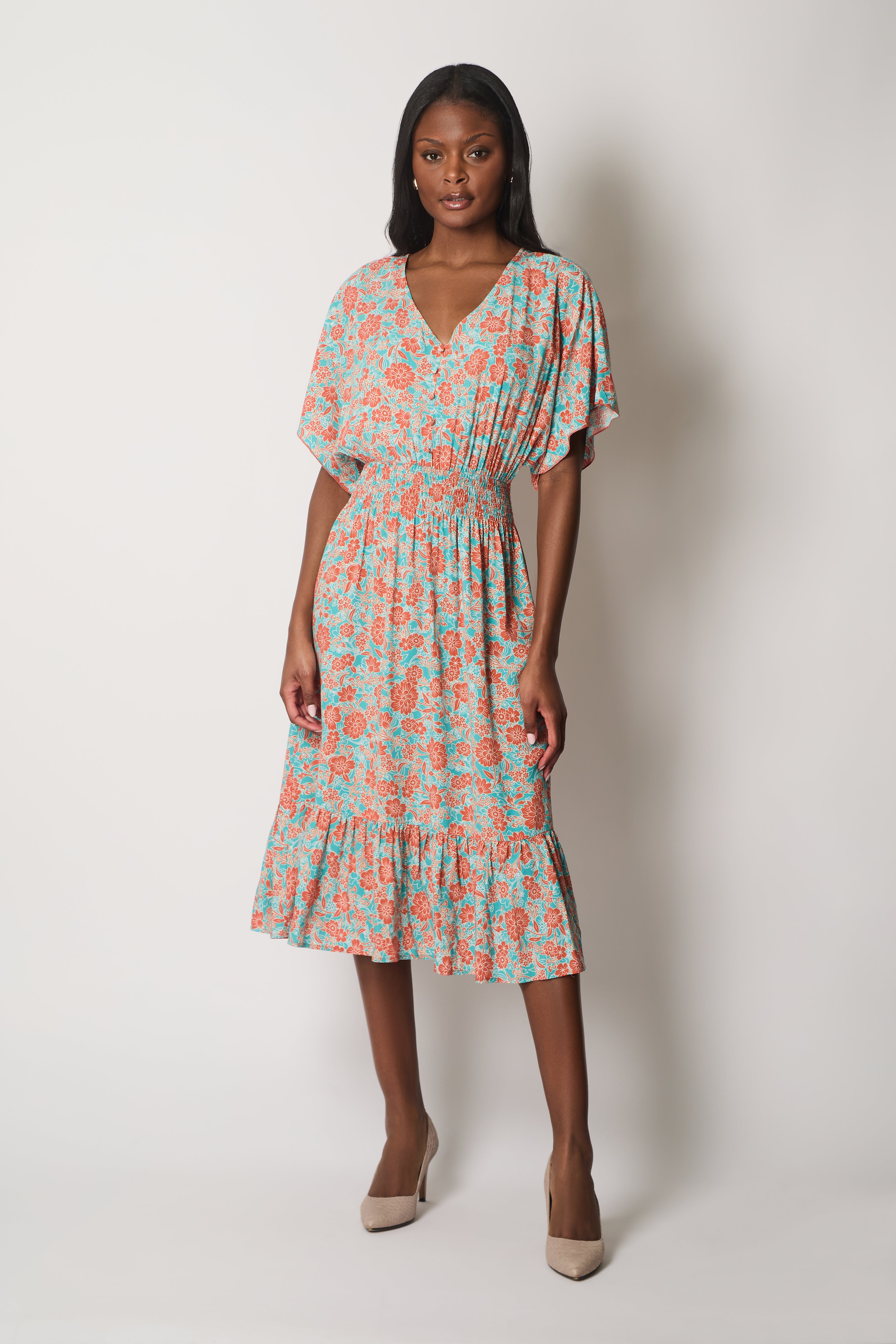 Floral Print Midi Dress with Flutter Sleeves - Orange