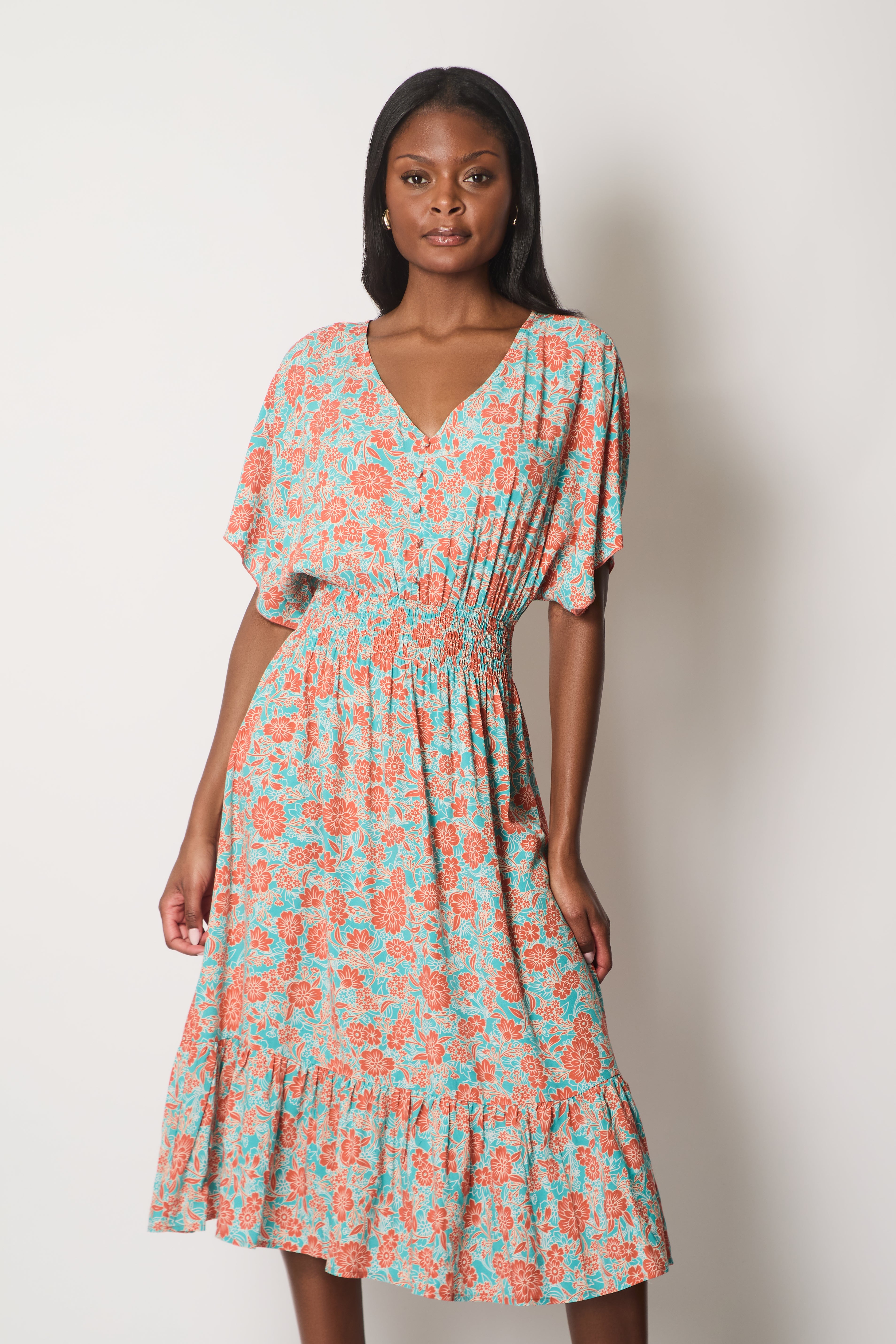 Floral Print Midi Dress with Flutter Sleeves - Orange