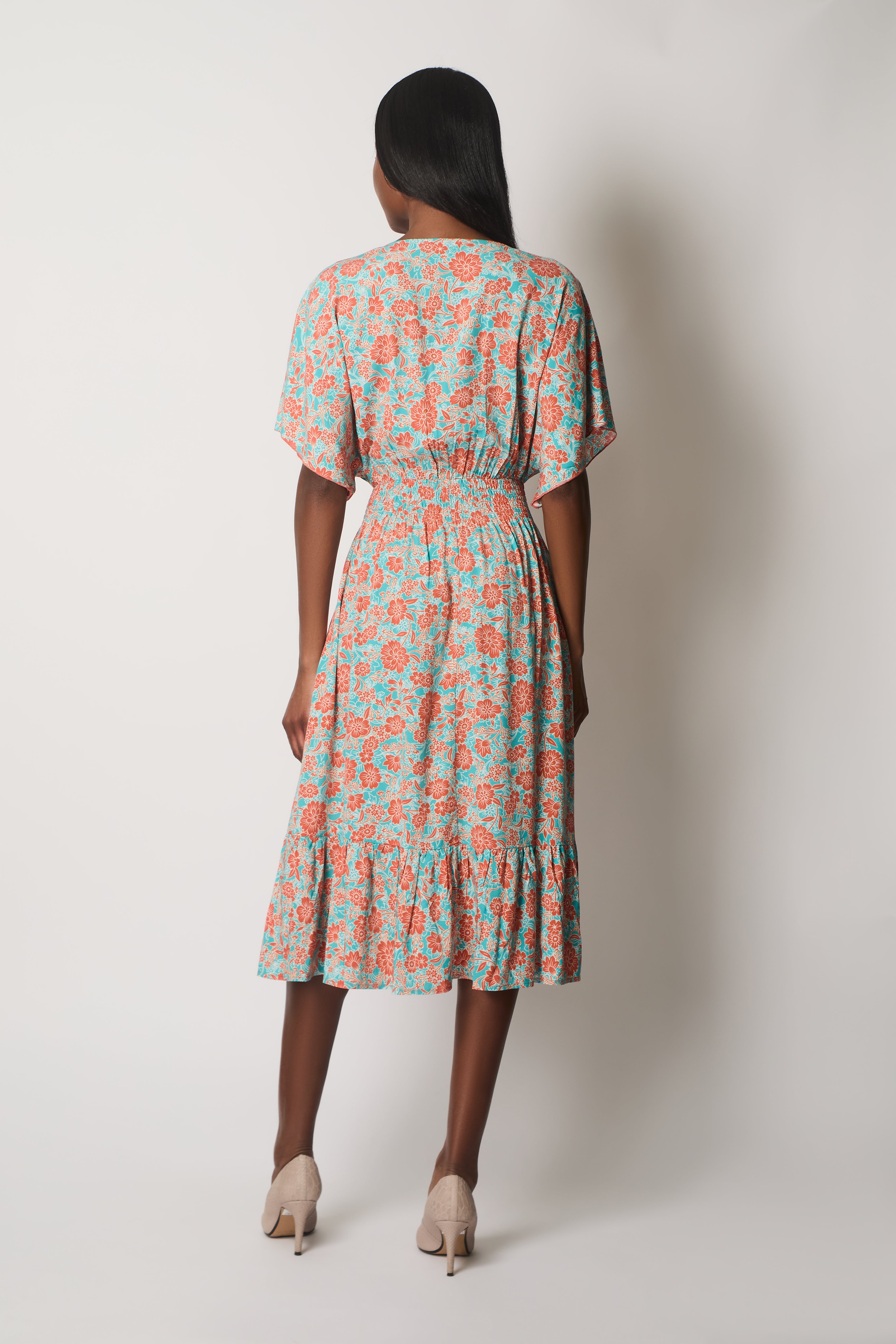 Floral Print Midi Dress with Flutter Sleeves - Orange
