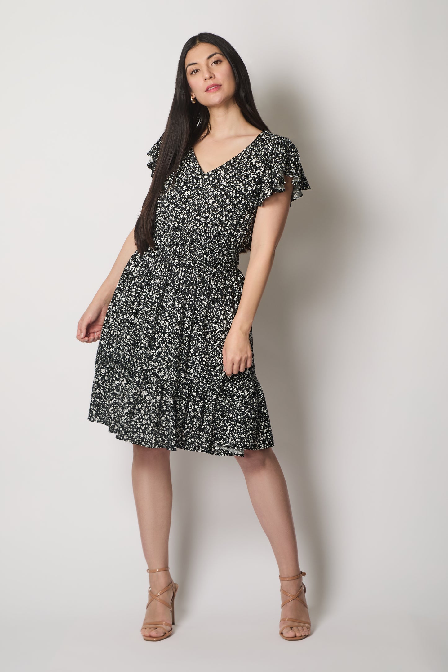 Floral Flutter Sleeve Dress with Smocked Waist - Black