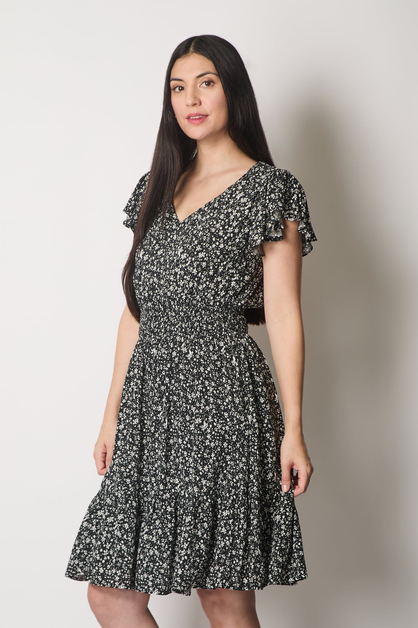 Floral Flutter Sleeve Dress with Smocked Waist - Black