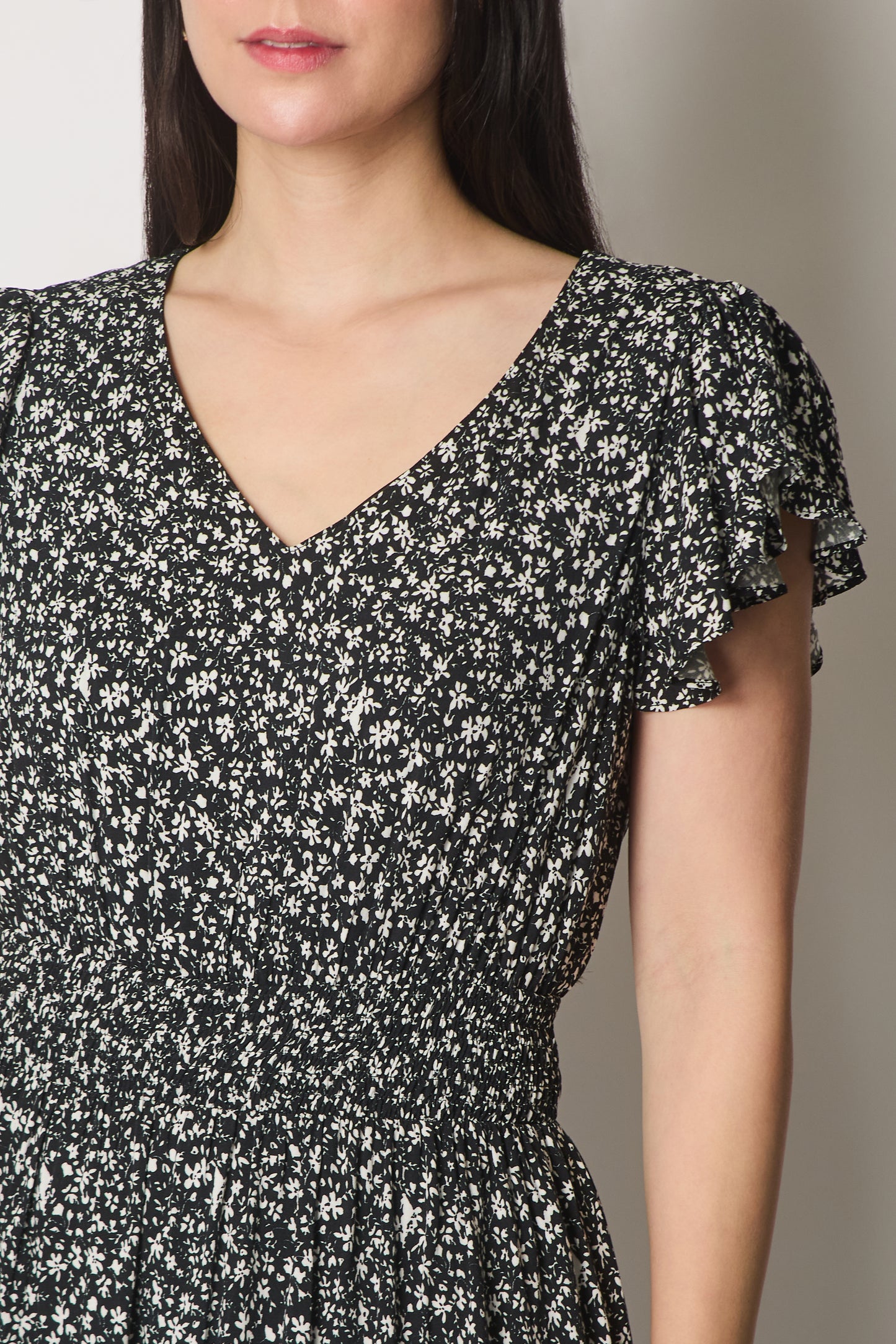Floral Flutter Sleeve Dress with Smocked Waist - Black