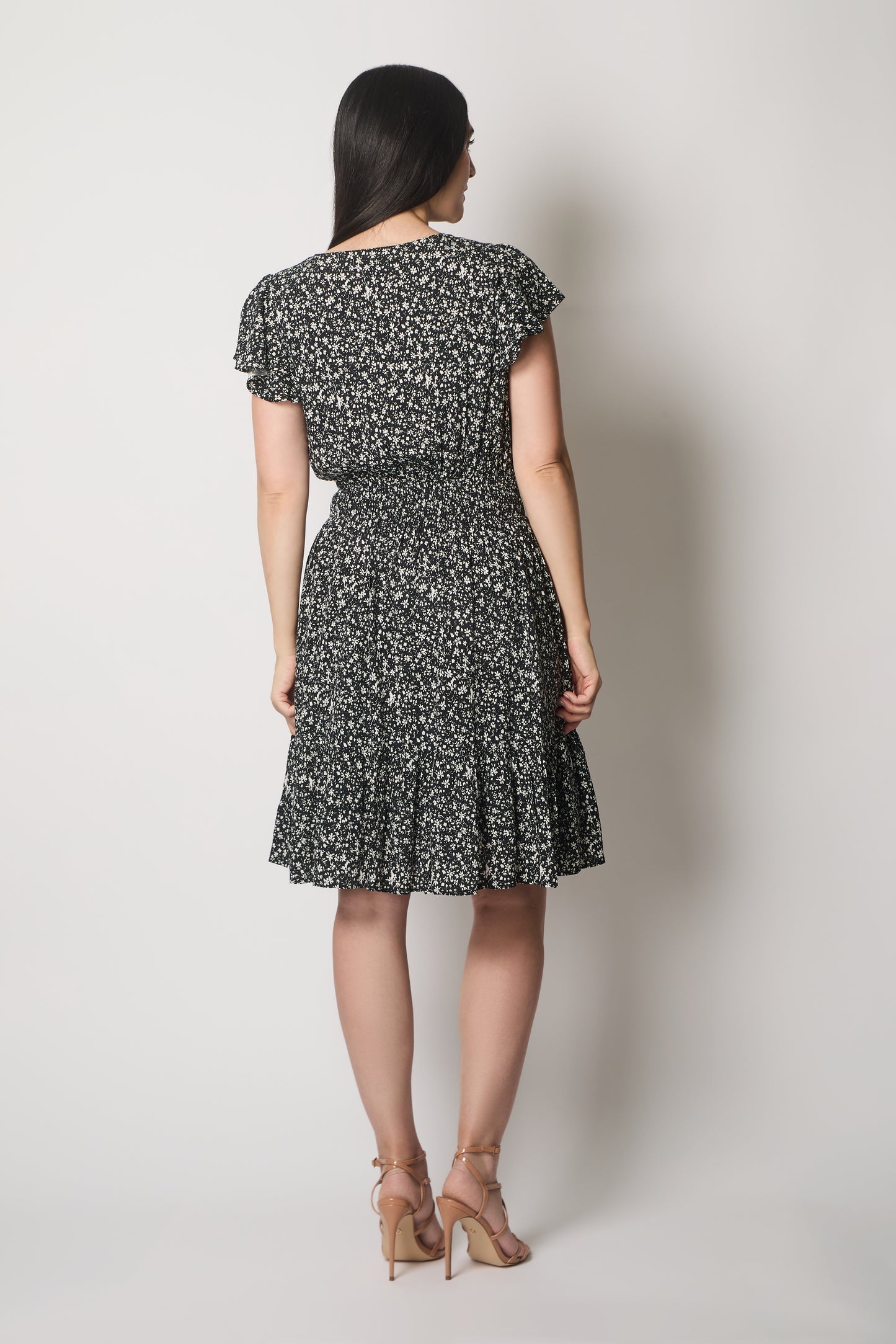 Floral Flutter Sleeve Dress with Smocked Waist - Black