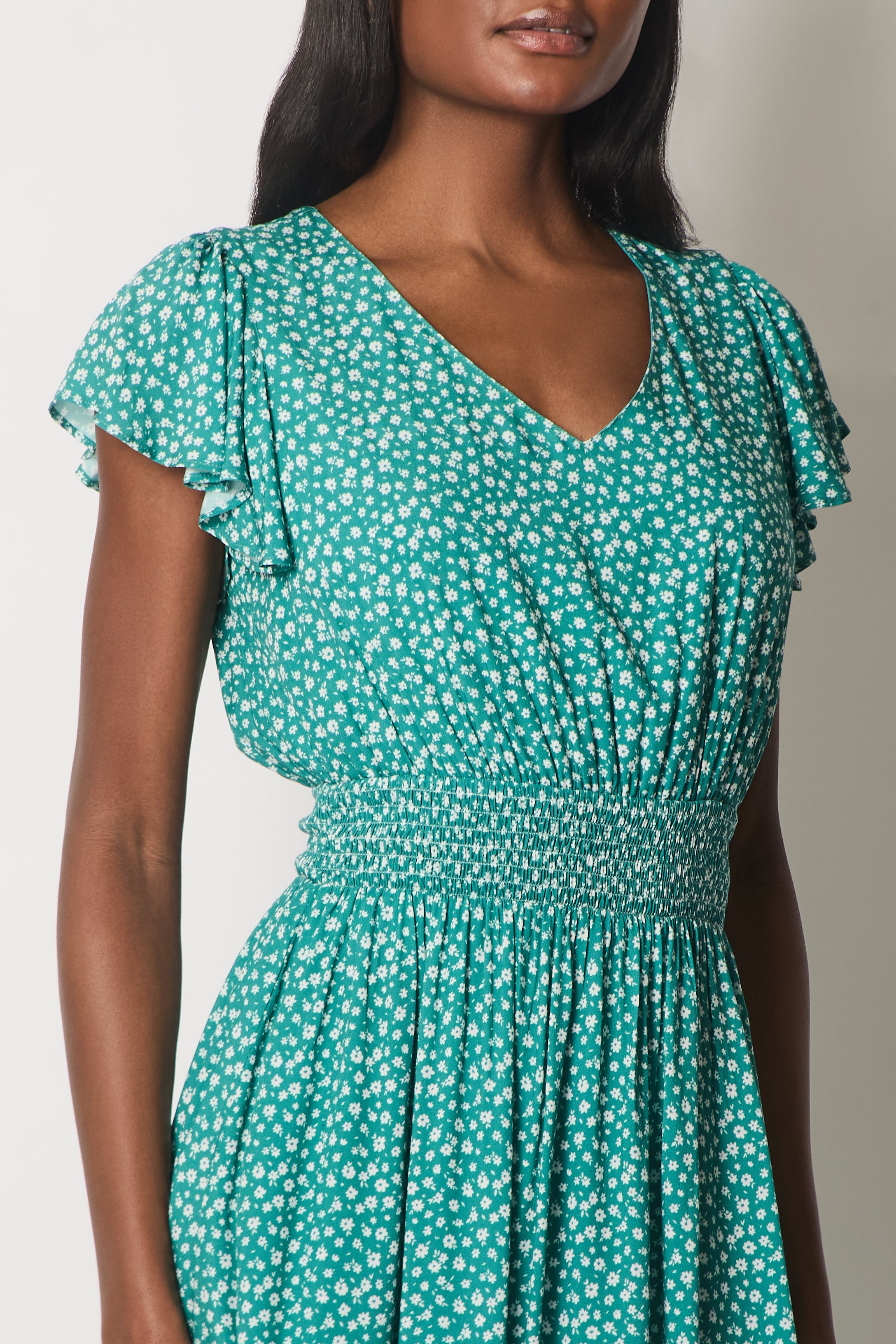 Floral Flutter Sleeve Dress with Smocked Waist - Green