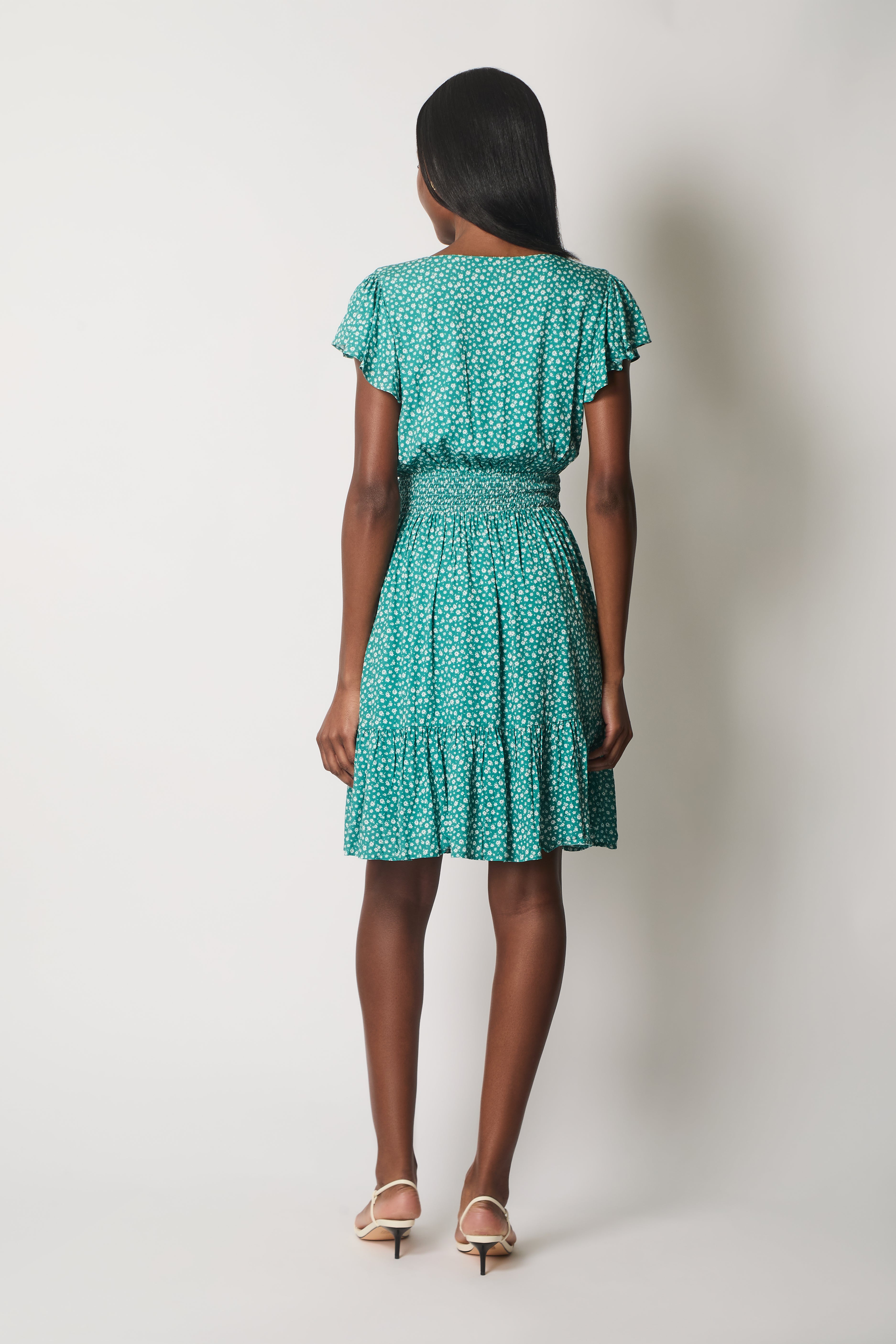 Floral Flutter Sleeve Dress with Smocked Waist - Green