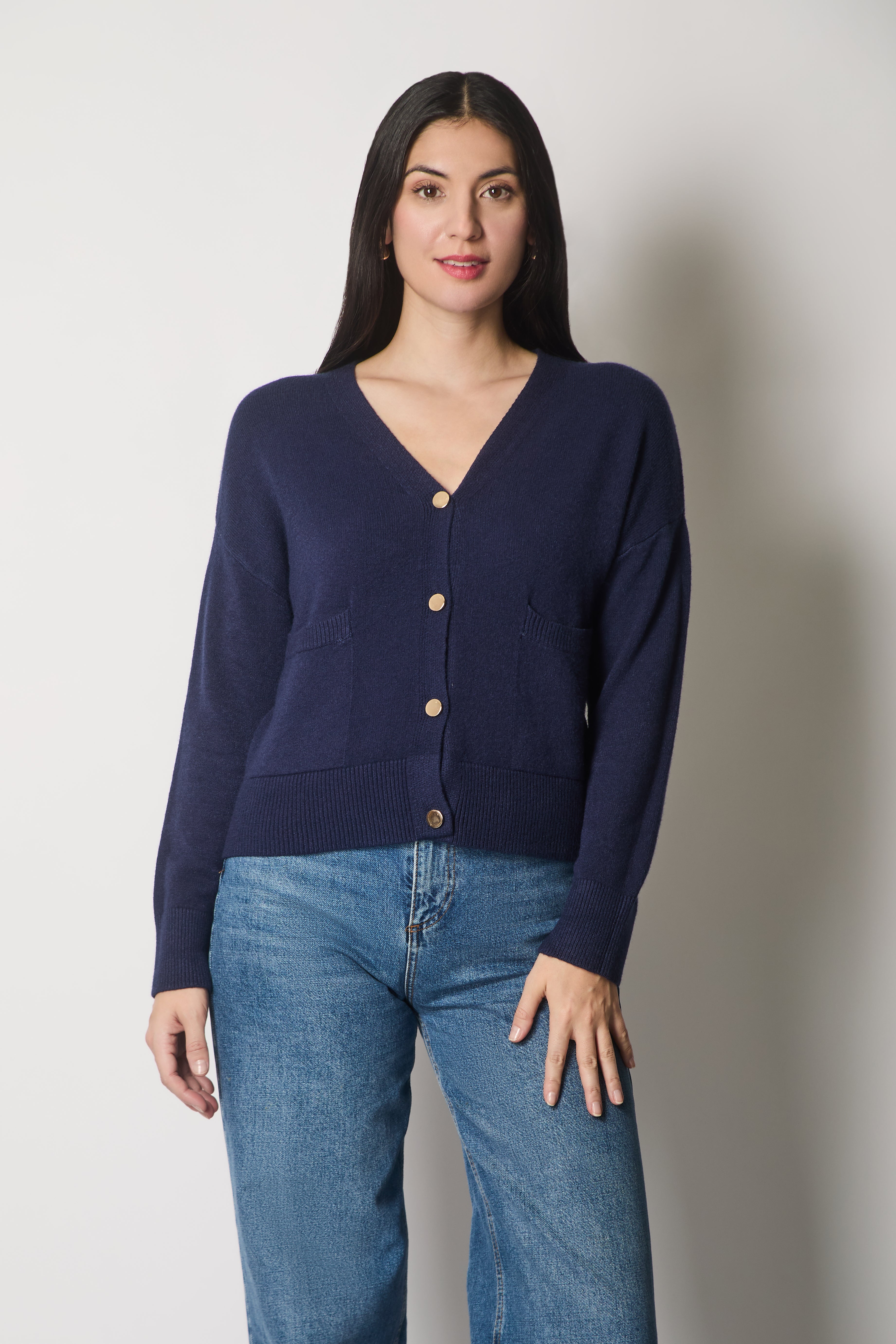 V-Neck Buttoned Cardigan with Pockets - Navy