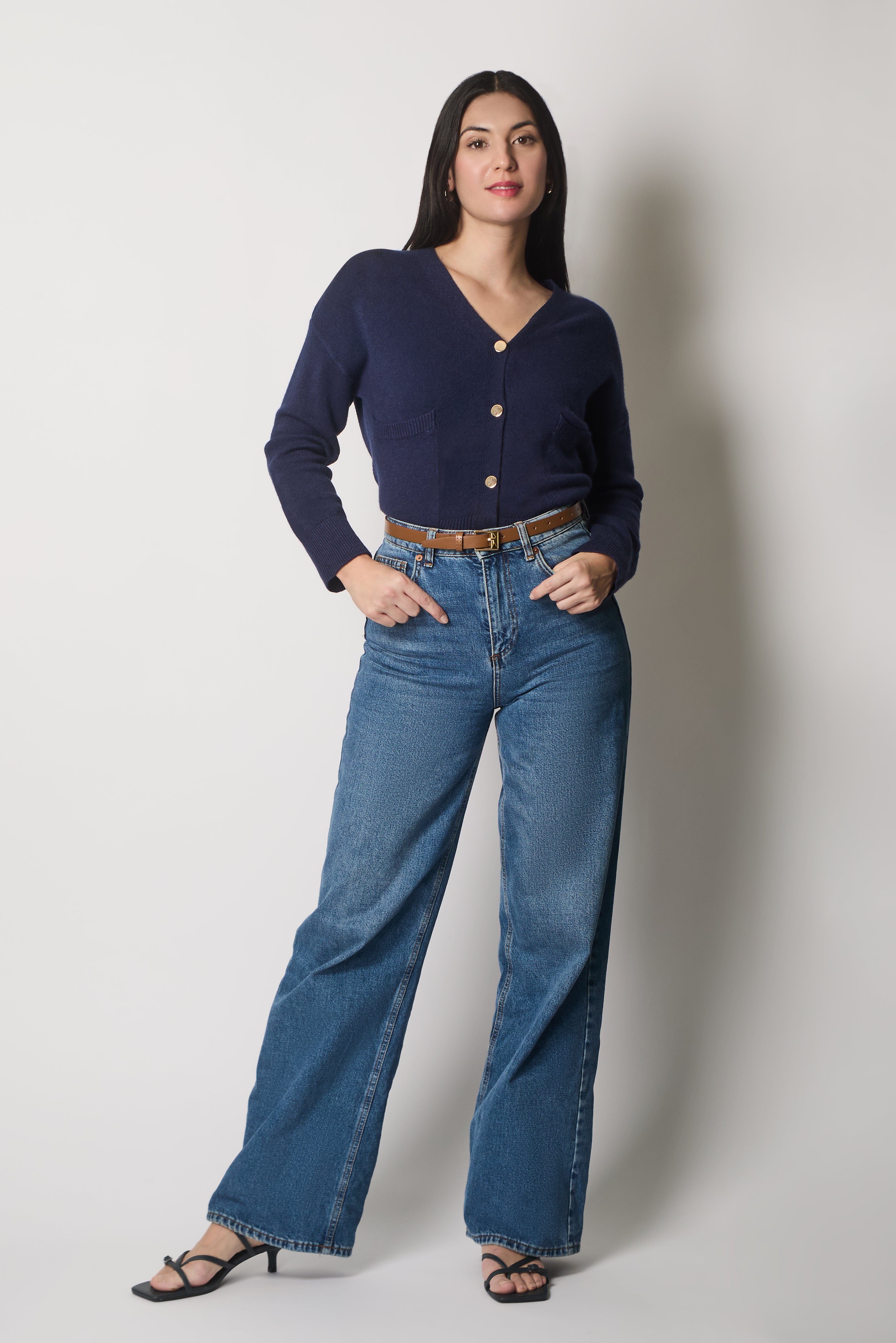 V-Neck Buttoned Cardigan with Pockets - Navy