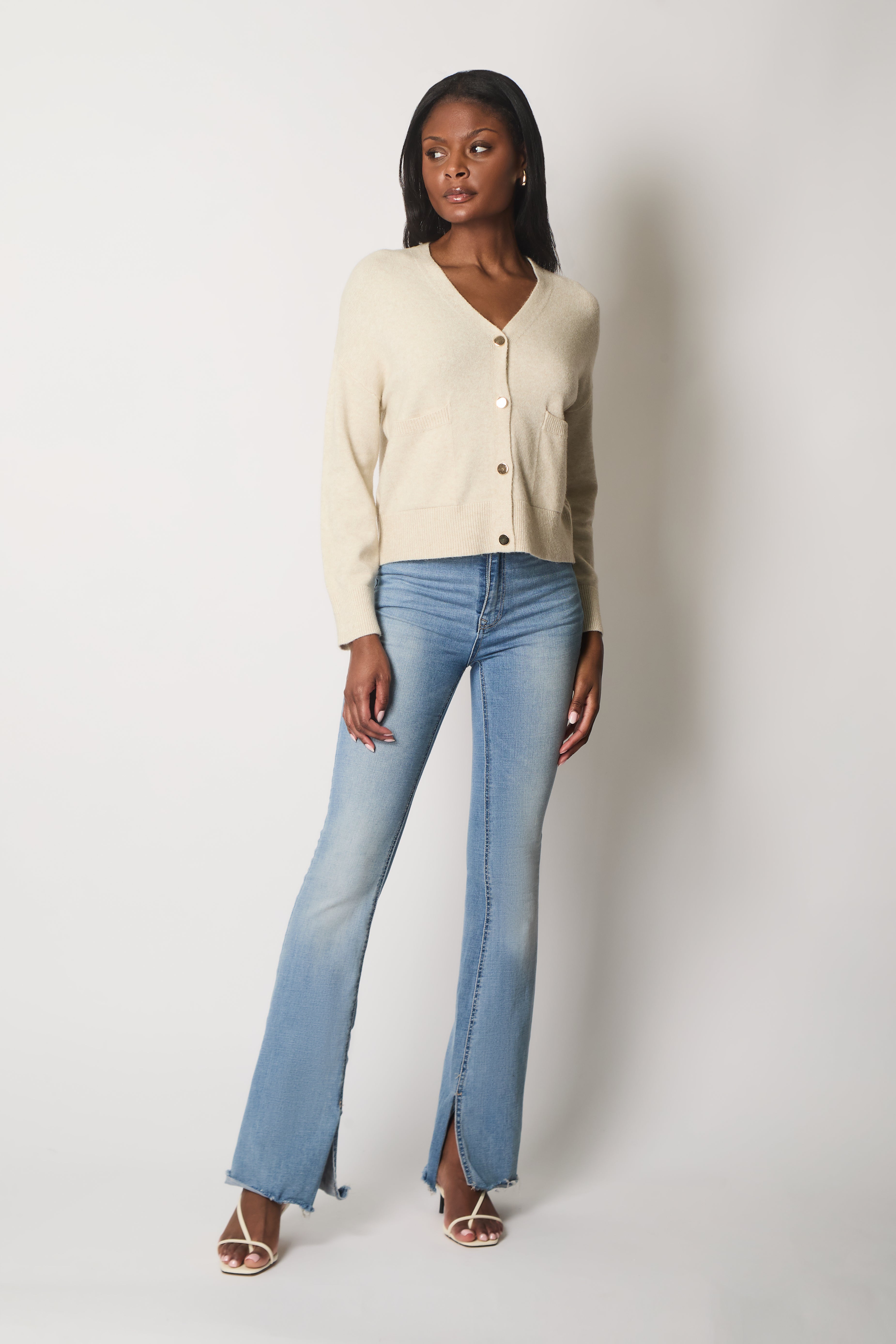 V-Neck Buttoned Cardigan with Pockets - Stone