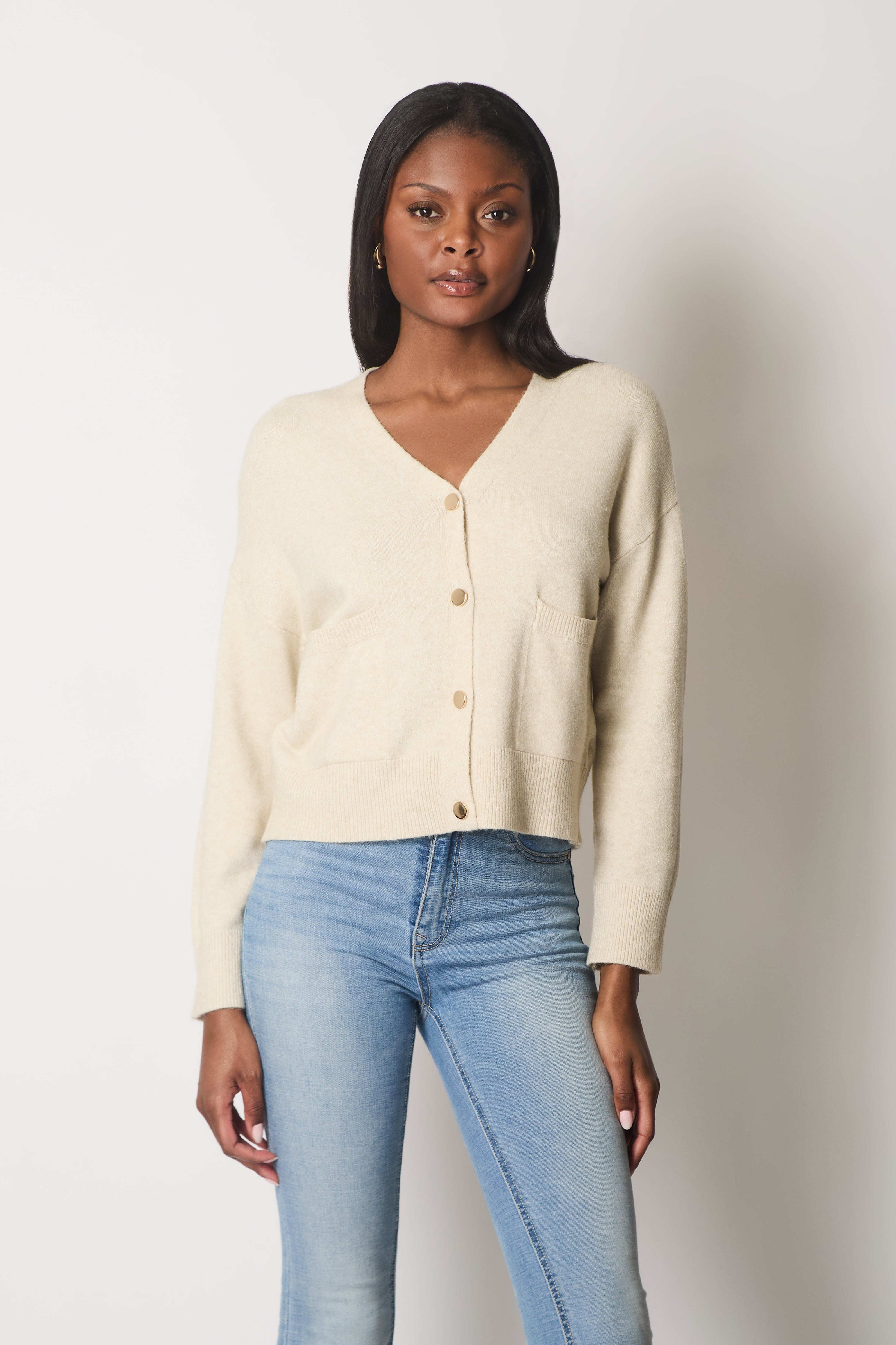 V-Neck Buttoned Cardigan with Pockets - Stone