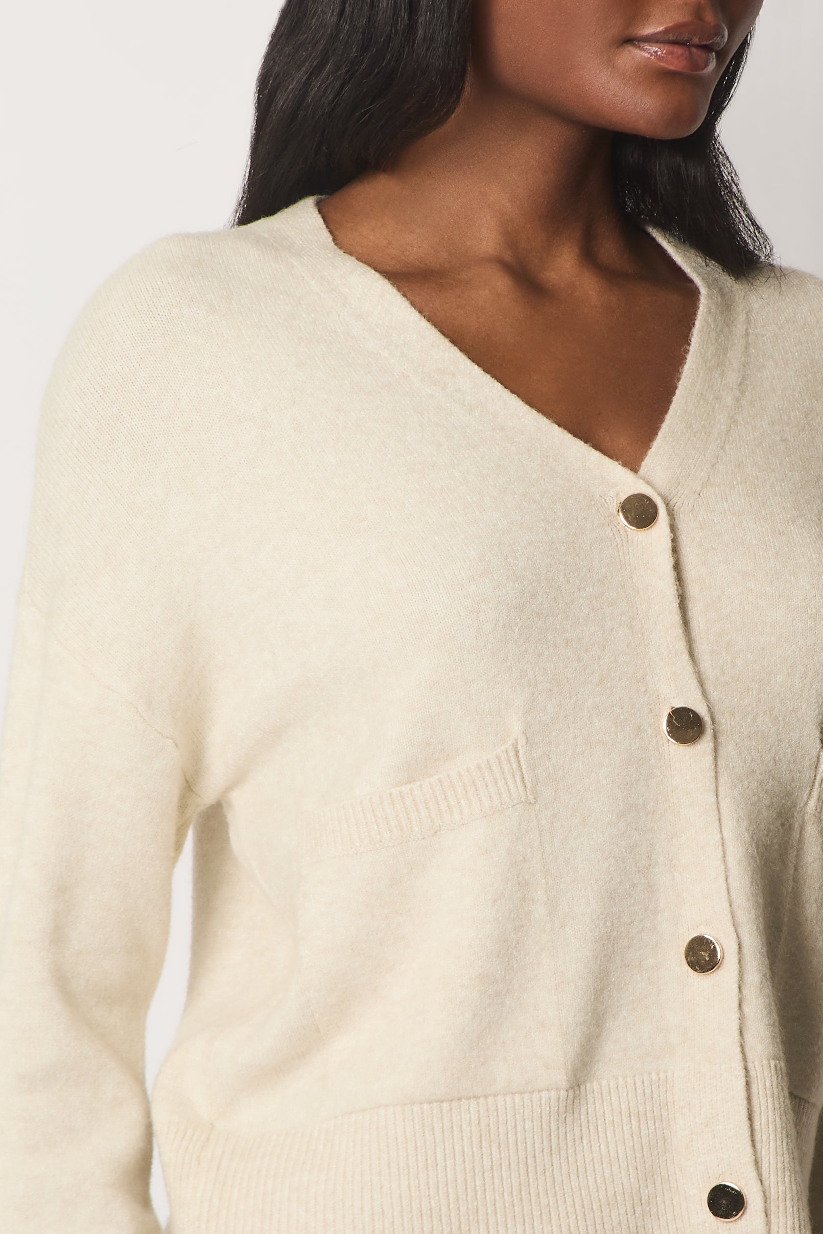 V-Neck Buttoned Cardigan with Pockets - Stone
