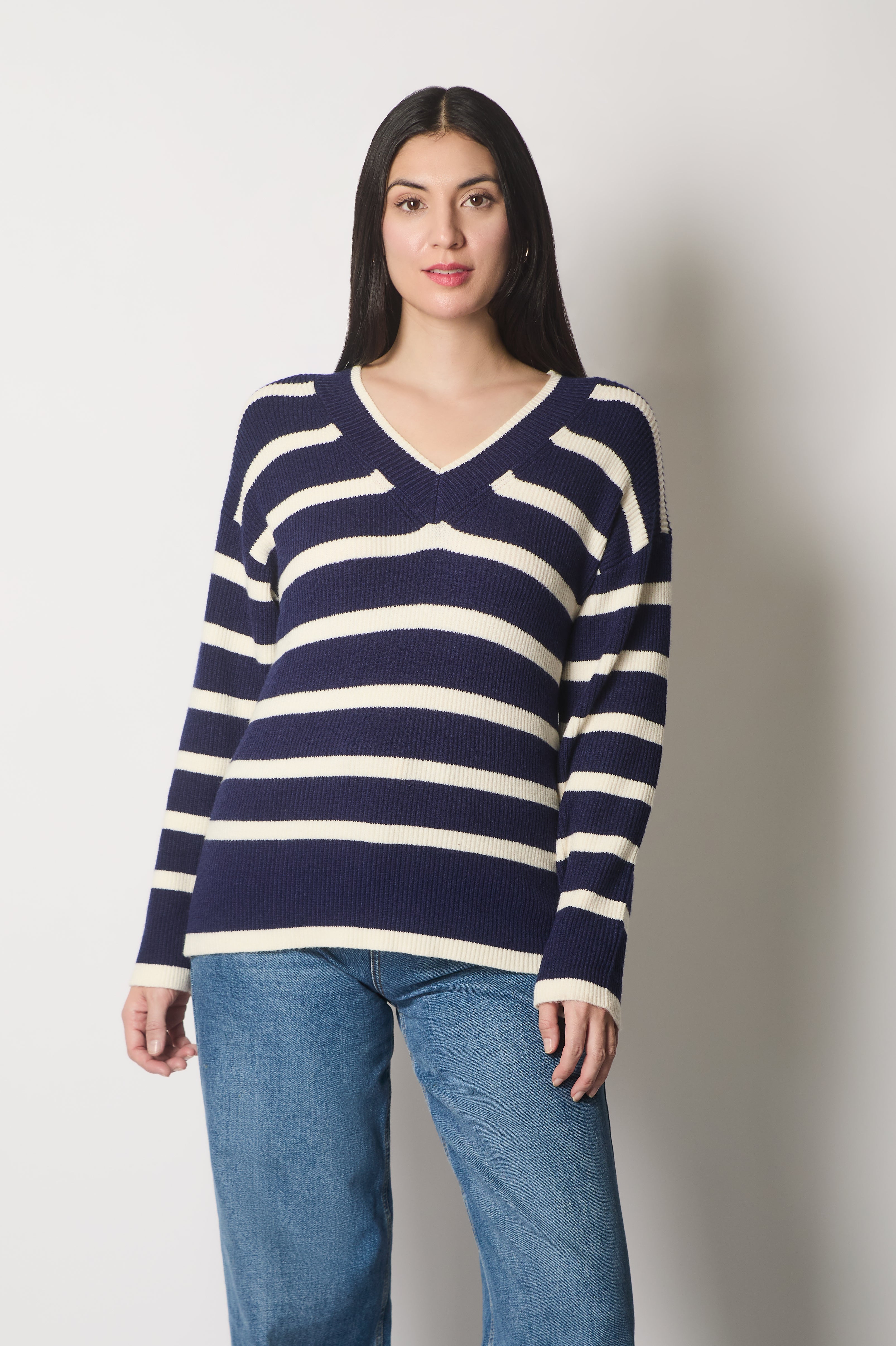 V Neck Striped Jumper - Navy