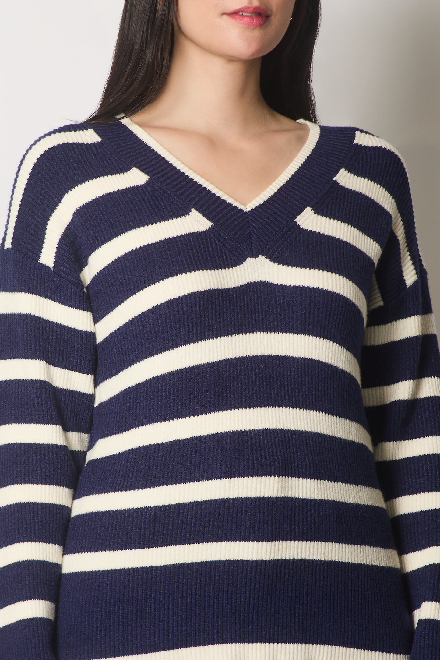 V Neck Striped Jumper - Navy
