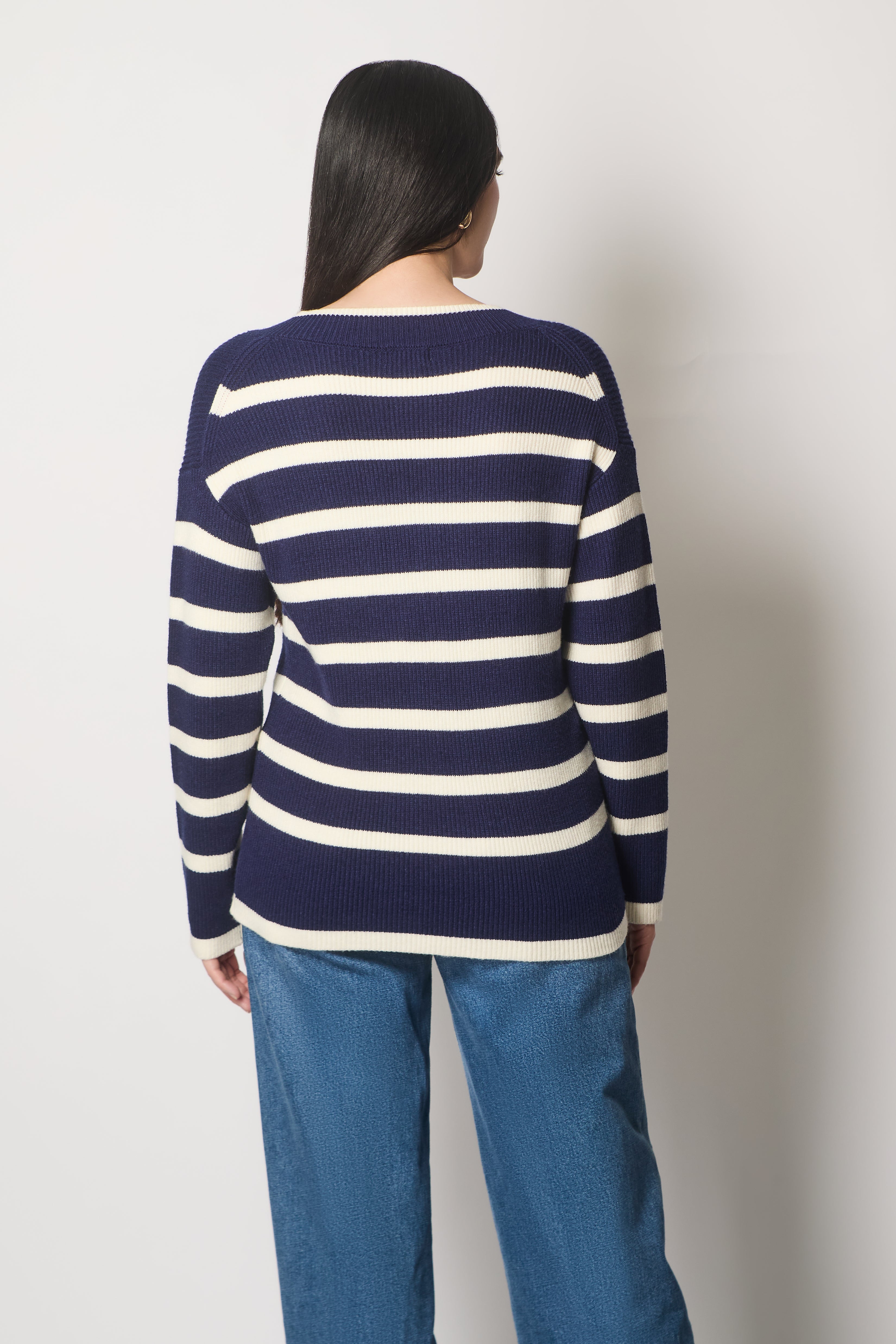 V Neck Striped Jumper - Navy