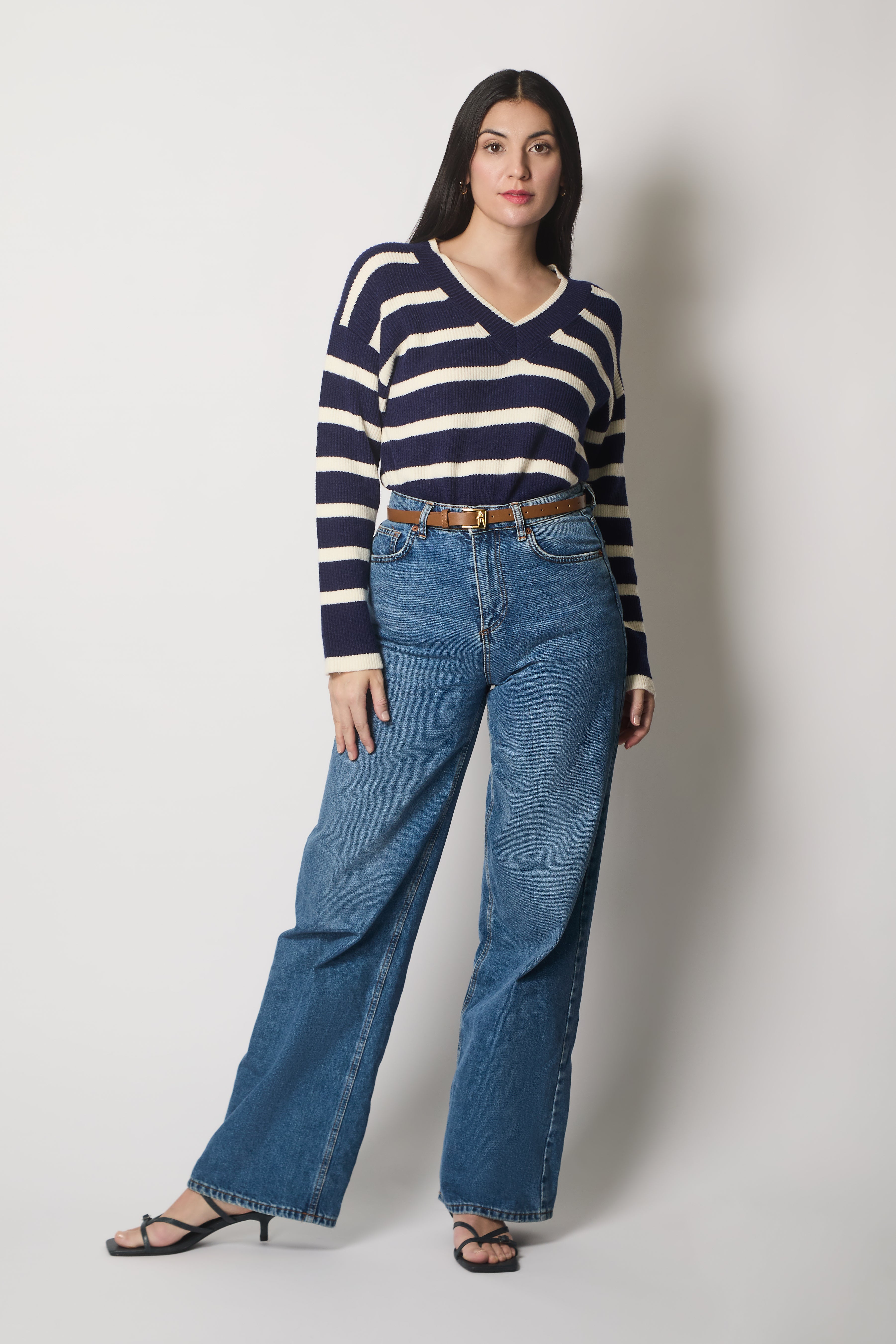 V Neck Striped Jumper - Navy