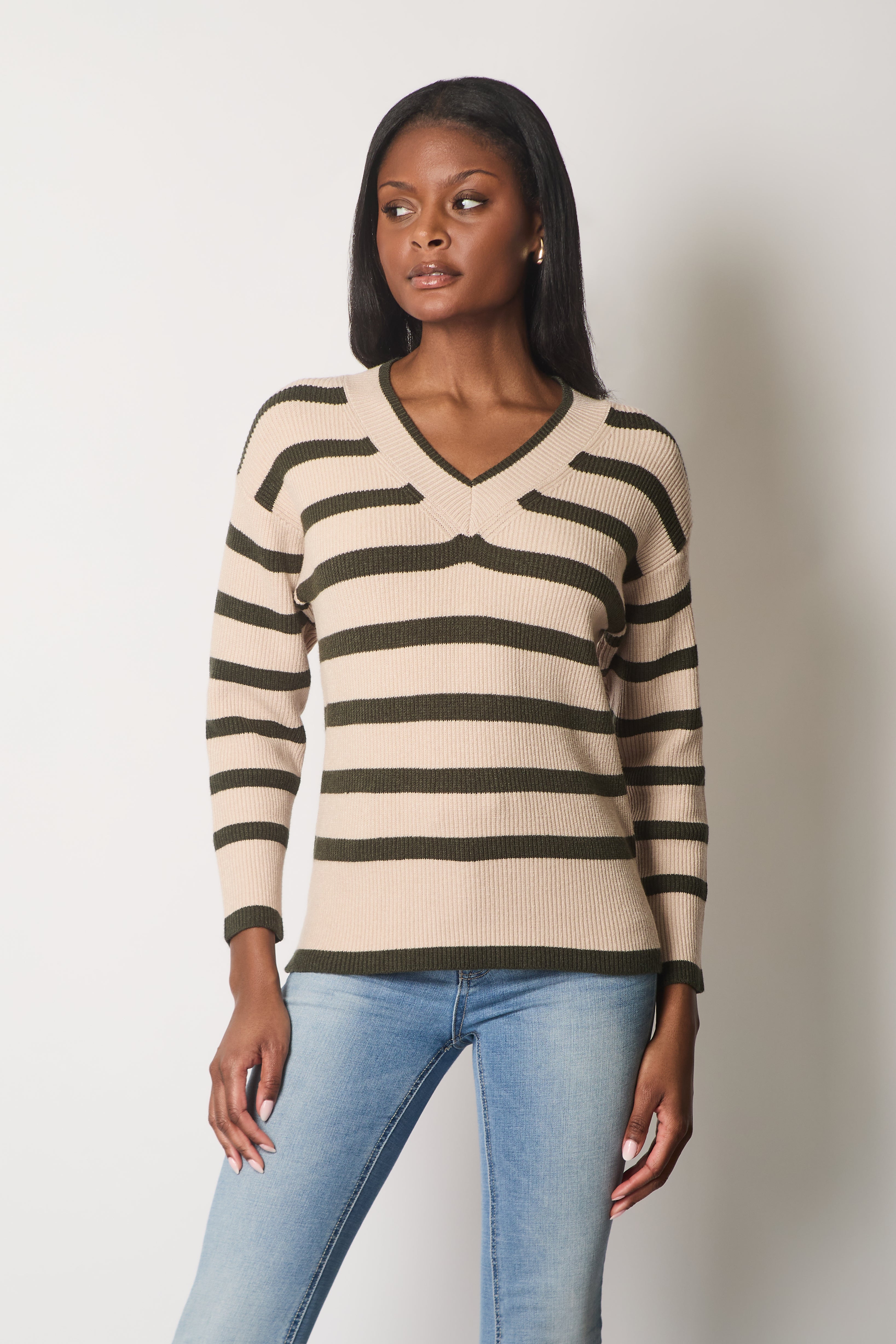 V Neck Striped Jumper - Khaki