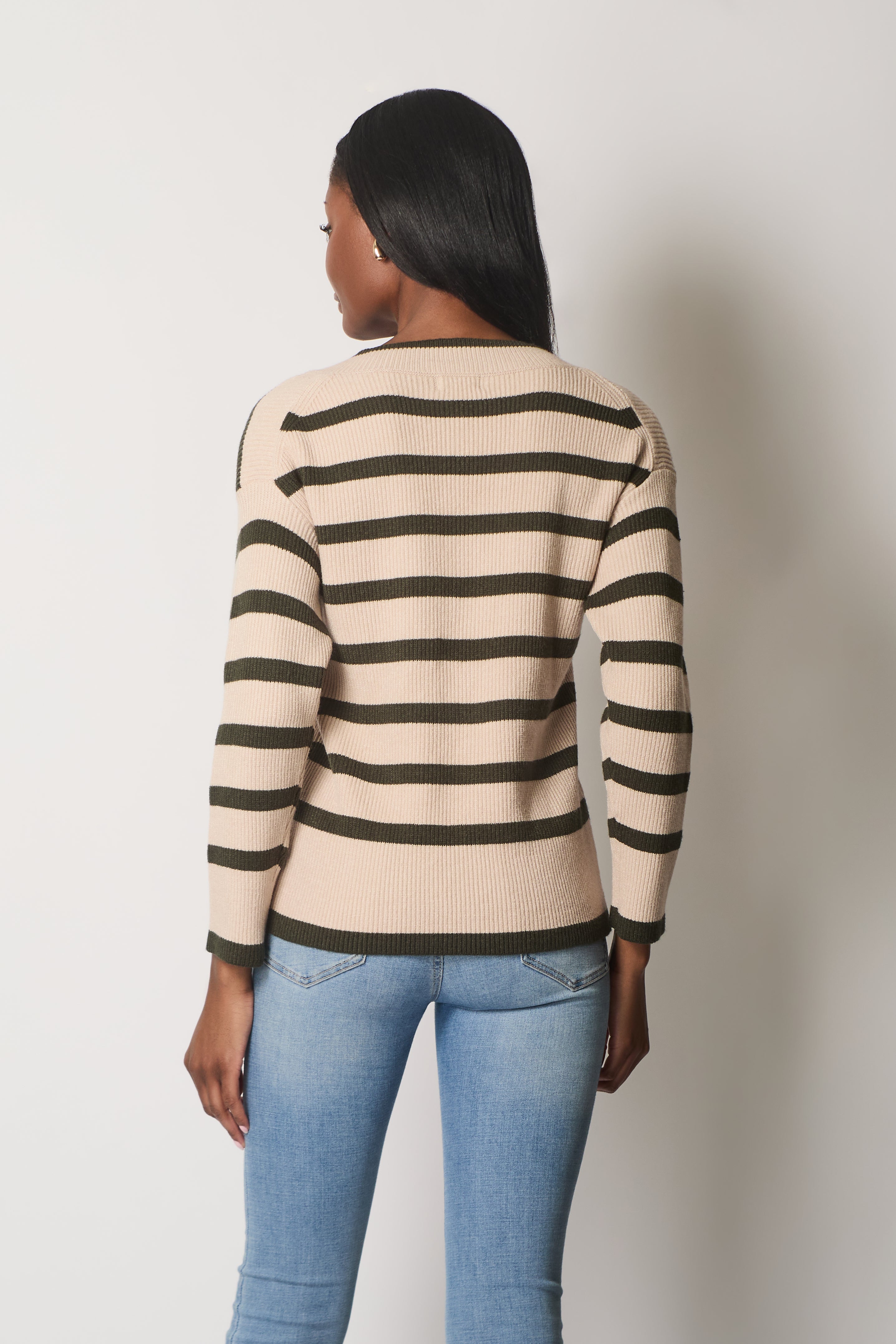 V Neck Striped Jumper - Khaki