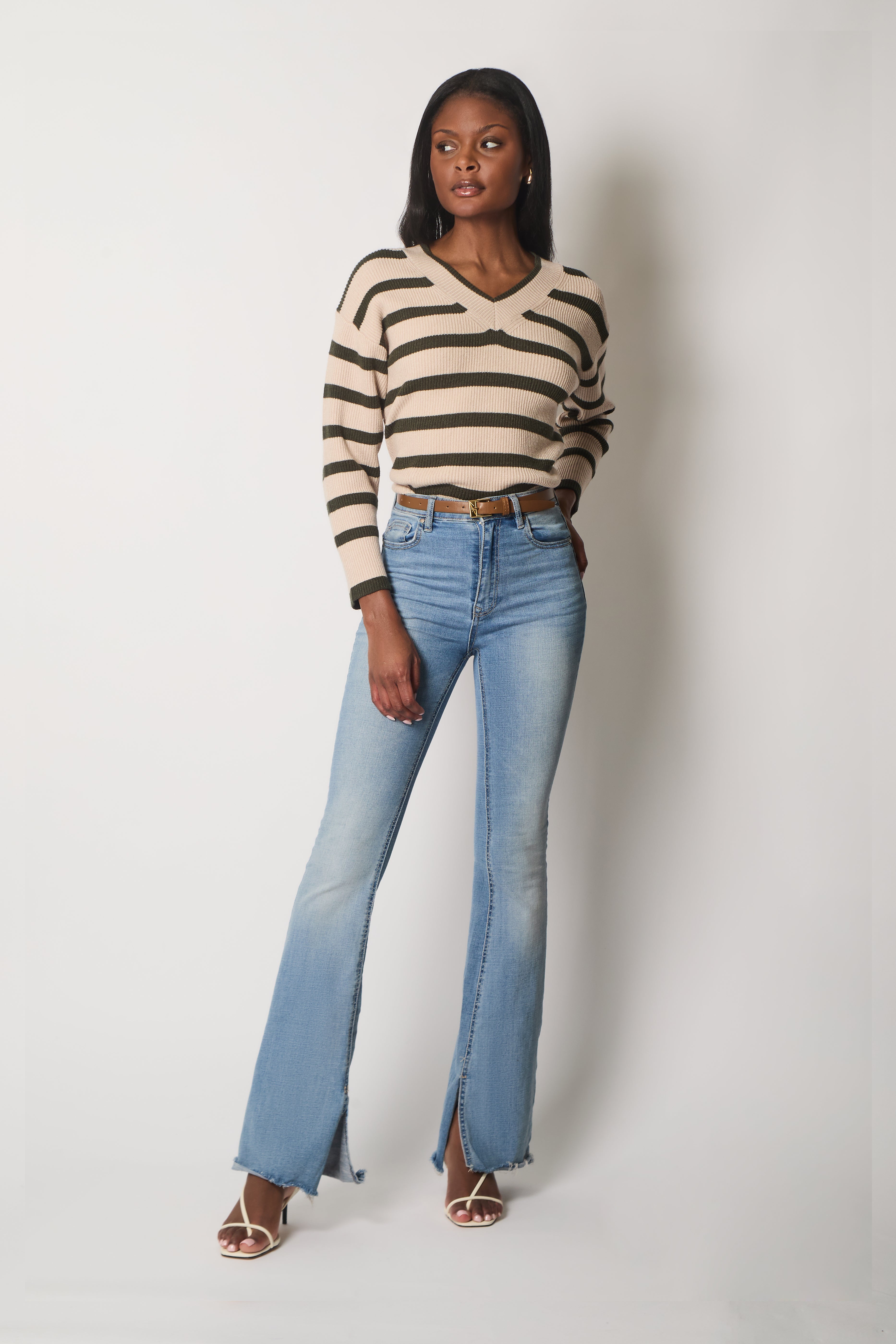 V Neck Striped Jumper - Khaki