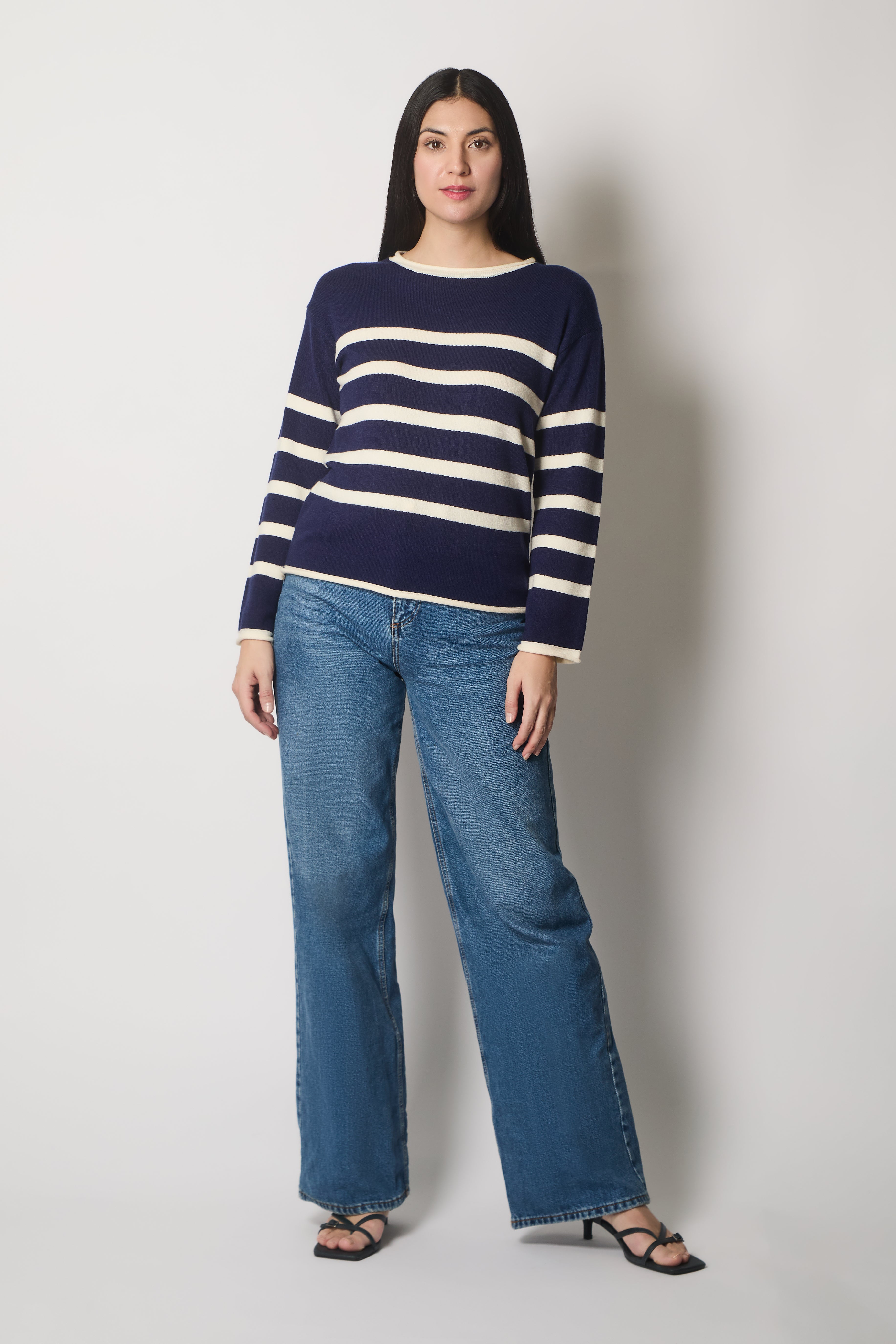 Round Neck Striped Jumper - Navy