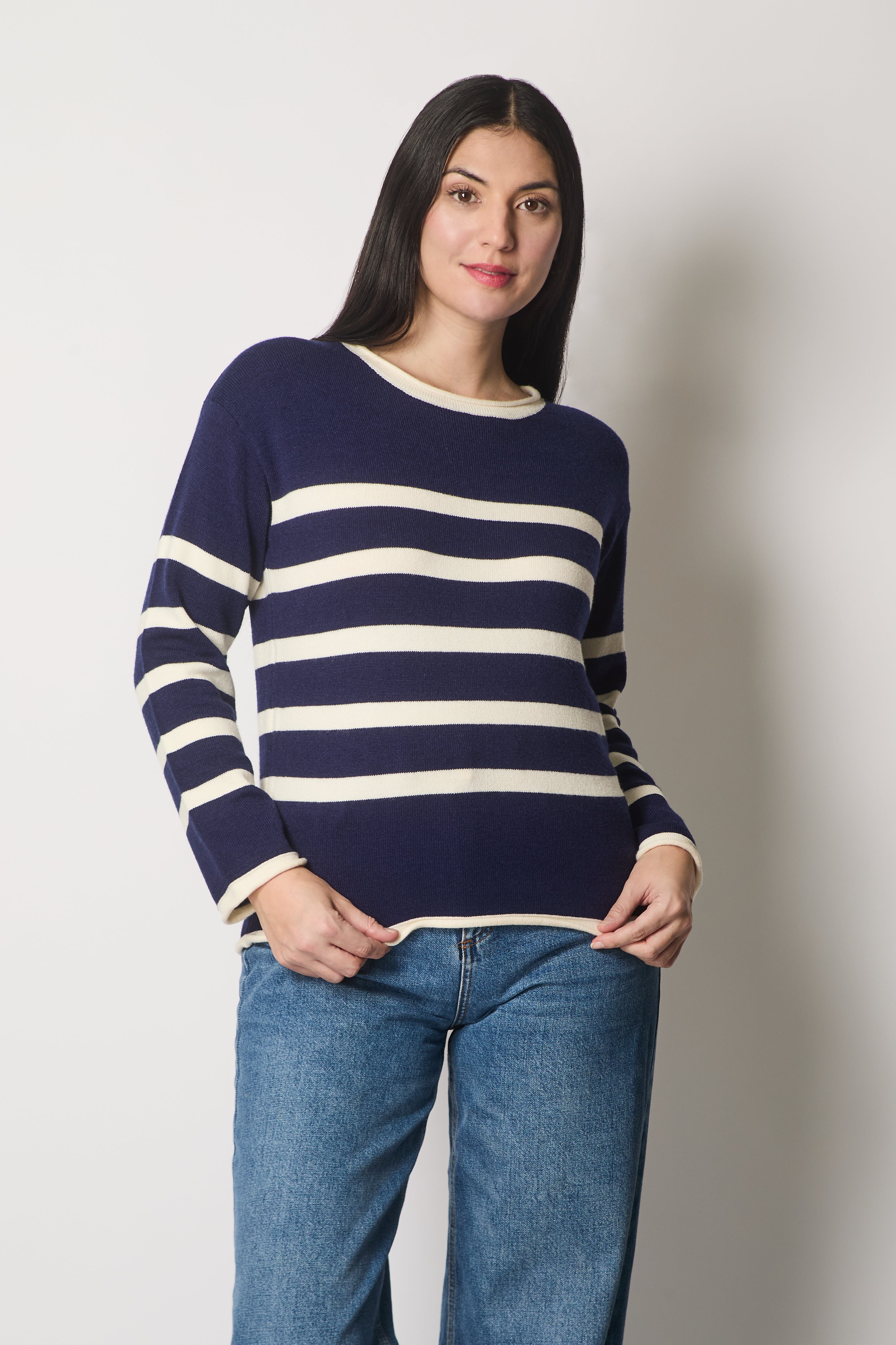Round Neck Striped Jumper - Navy