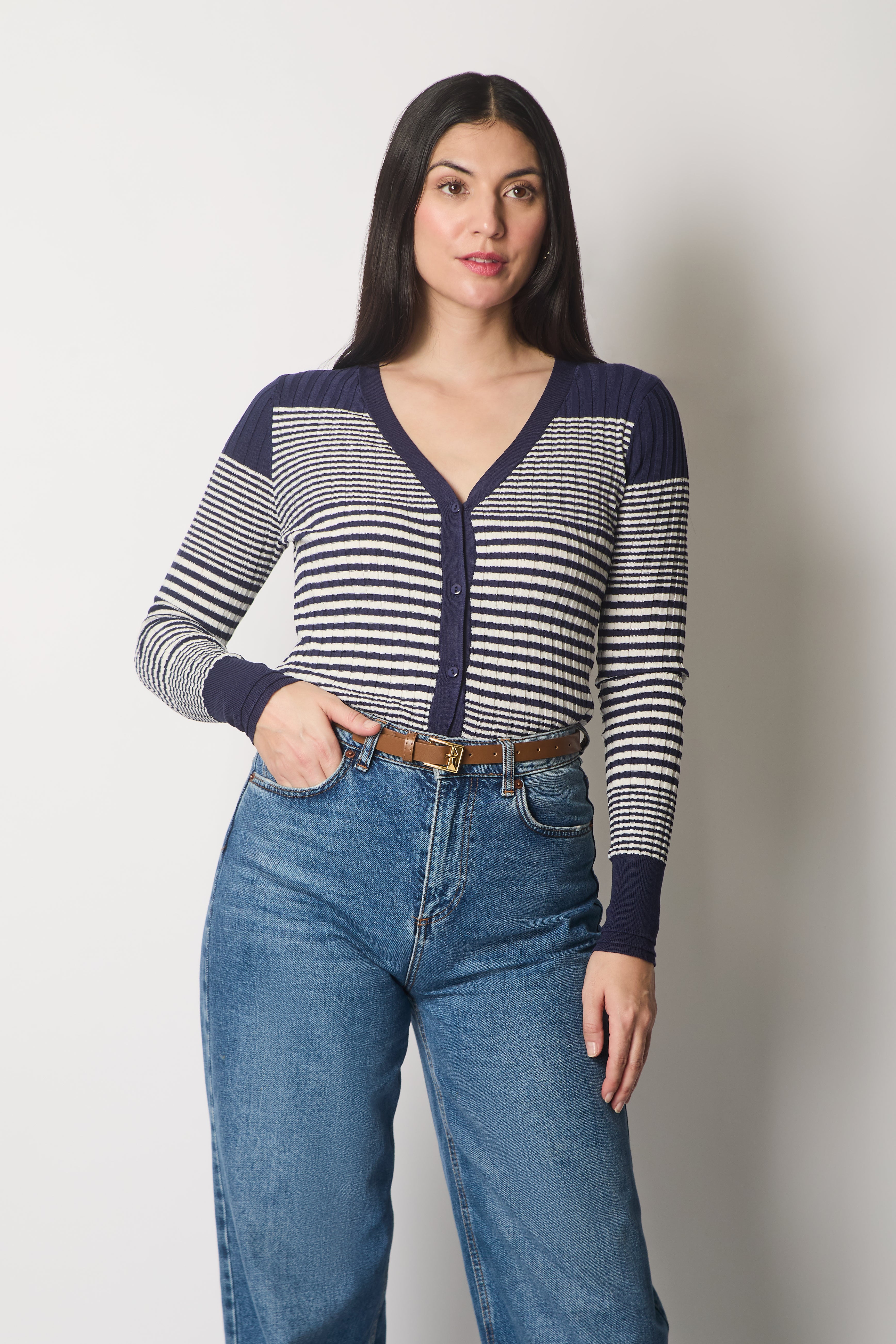 Striped Ribbed Knit Cardigan